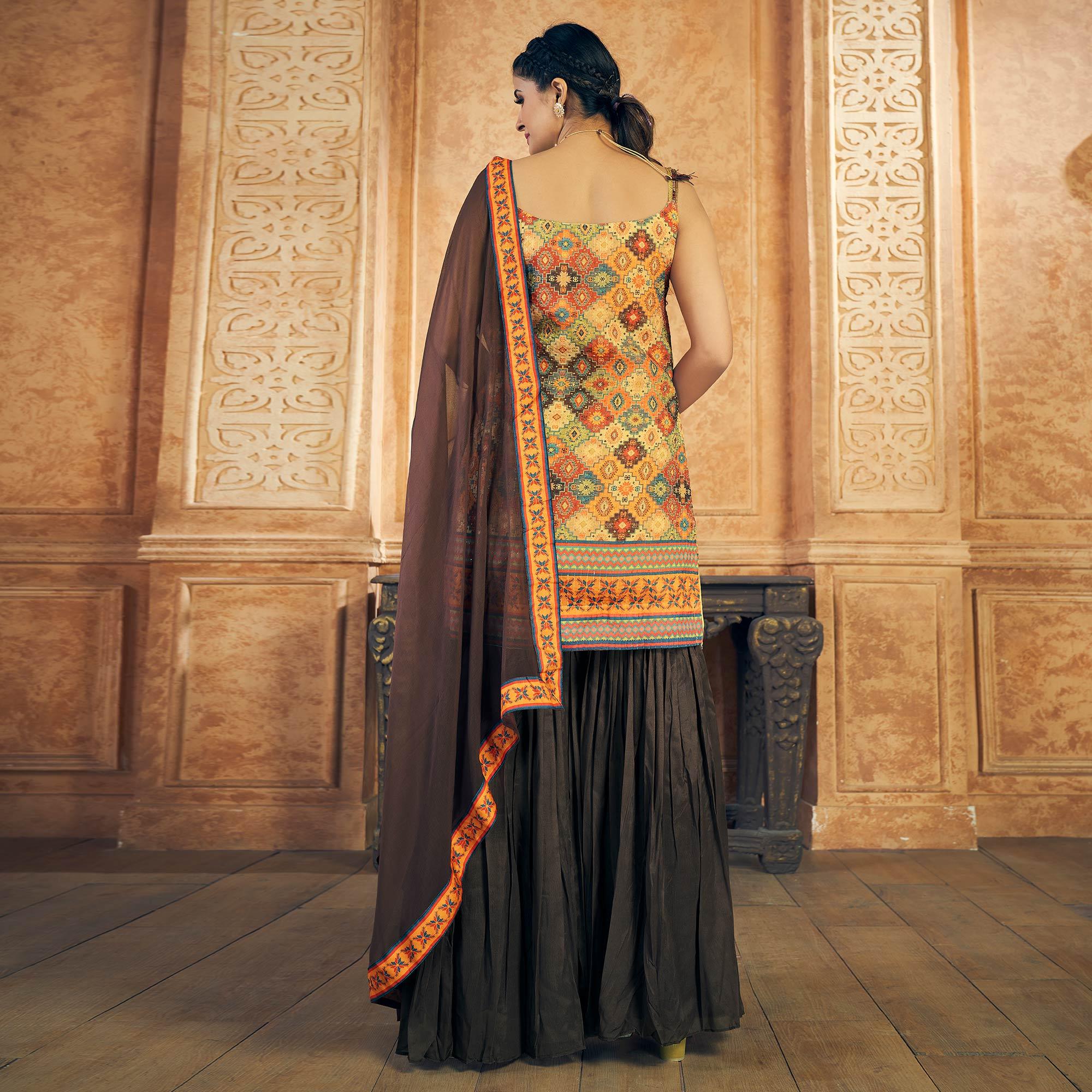 Multicolor Embroidered Chiffon Sharara Suit - Peachmode