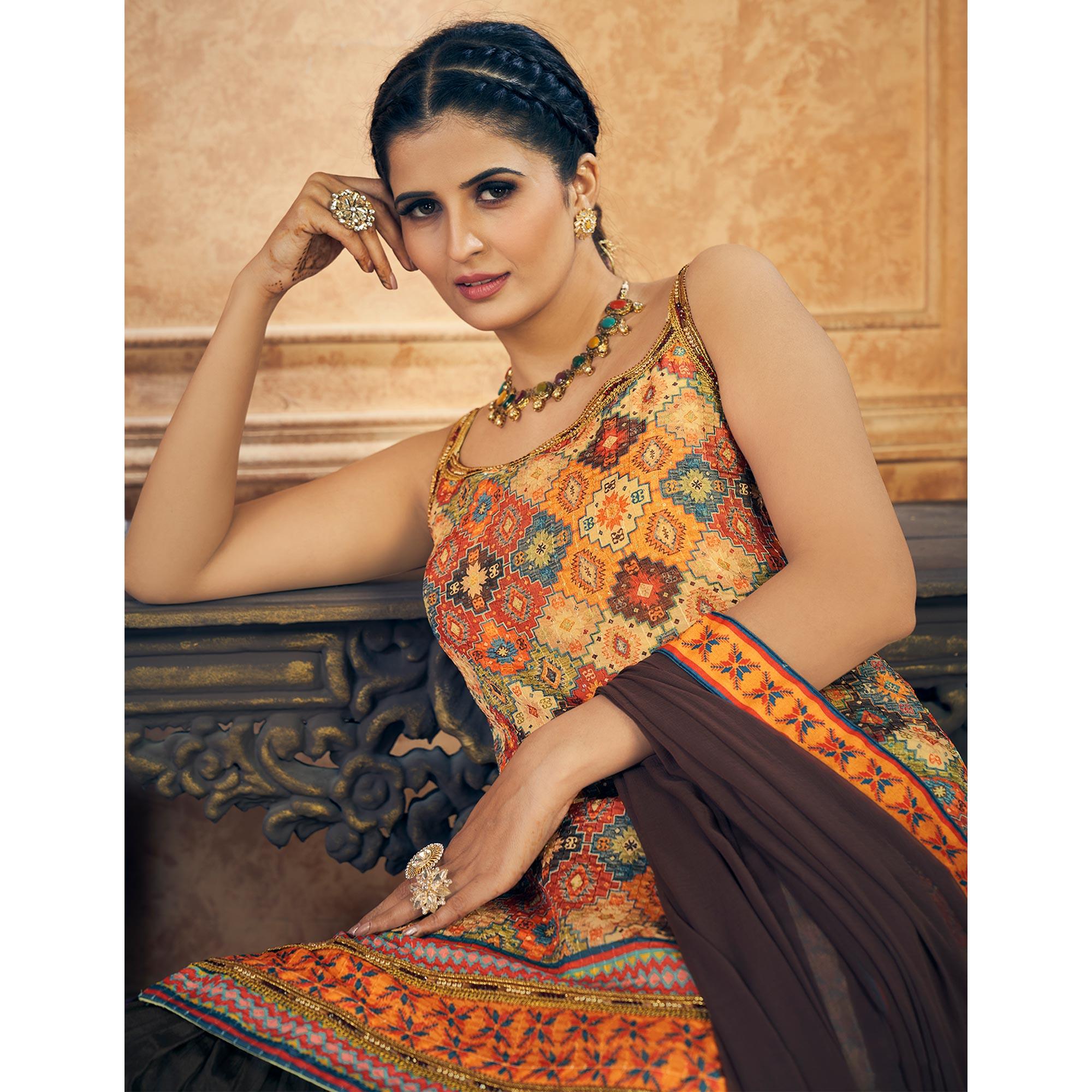 Multicolor Embroidered Chiffon Sharara Suit - Peachmode