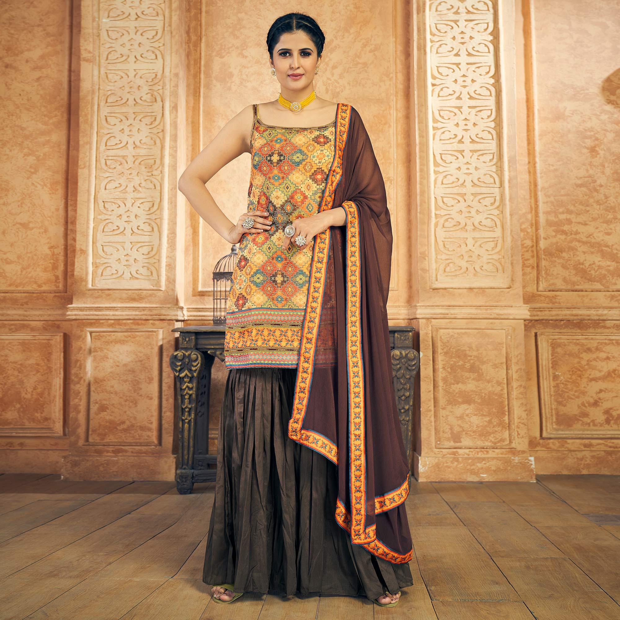 Multicolor Embroidered Chiffon Sharara Suit - Peachmode
