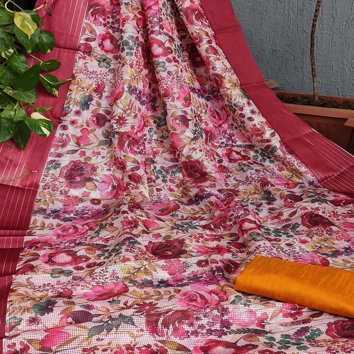 Multicolor Festive Wear Floral Digital Print With Woven Border Silk Saree - Peachmode