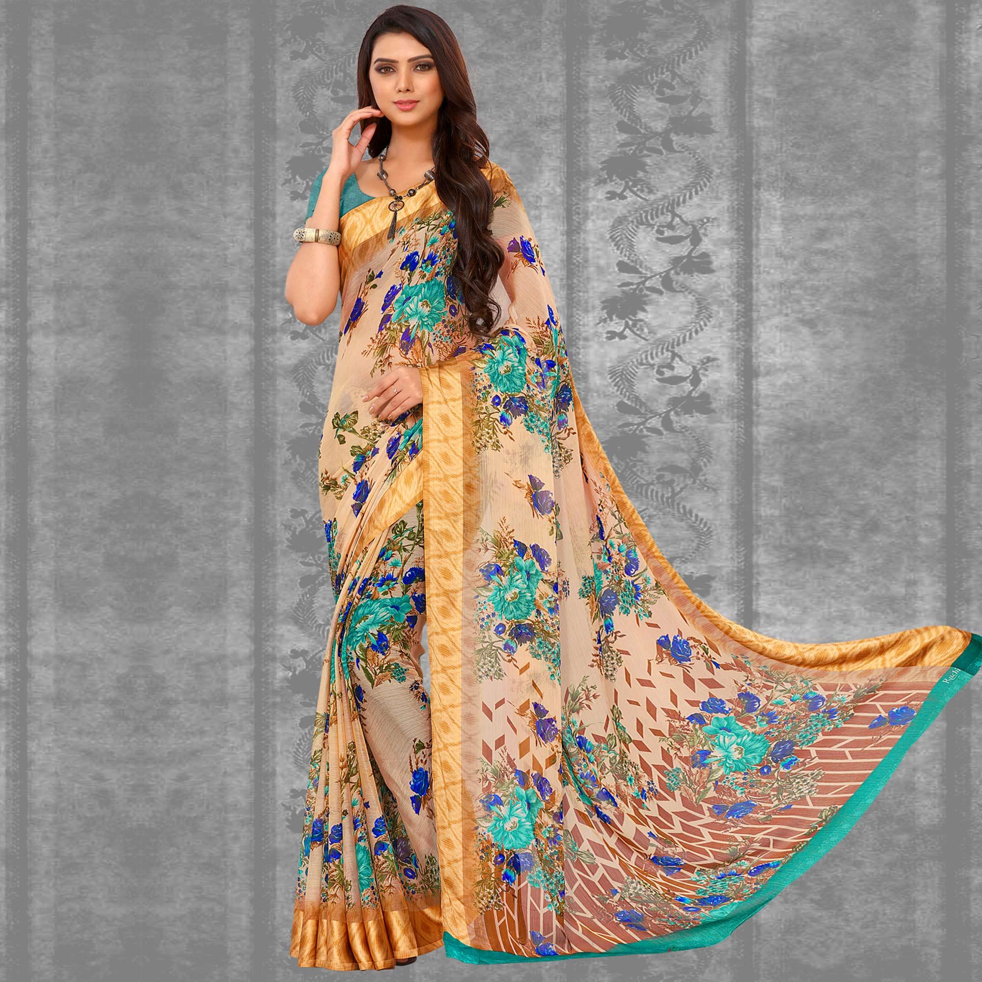 Multicolor Festive Wear Floral Printed Chiffon Satin Saree - Peachmode
