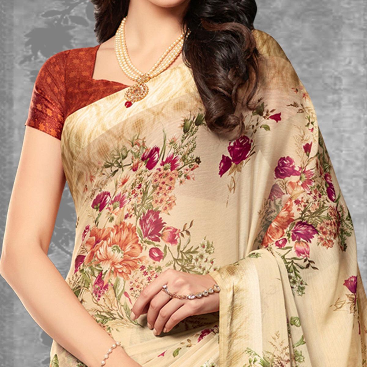 Multicolor Festive Wear Floral Printed Chiffon Satin Saree - Peachmode