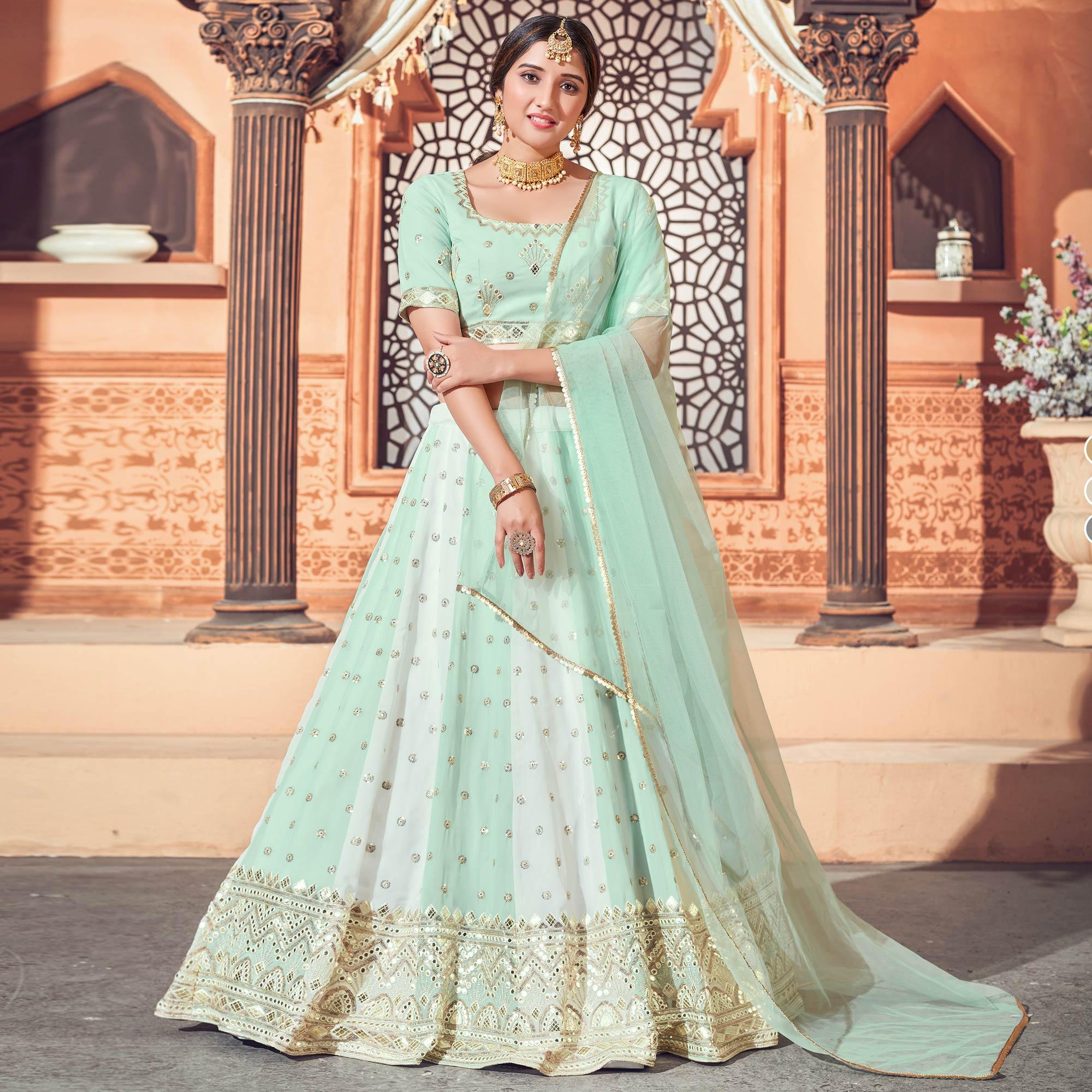 Multicolor Festive Wear Thread with Sequence Embroidered Georgette Lehenga Choli - Peachmode