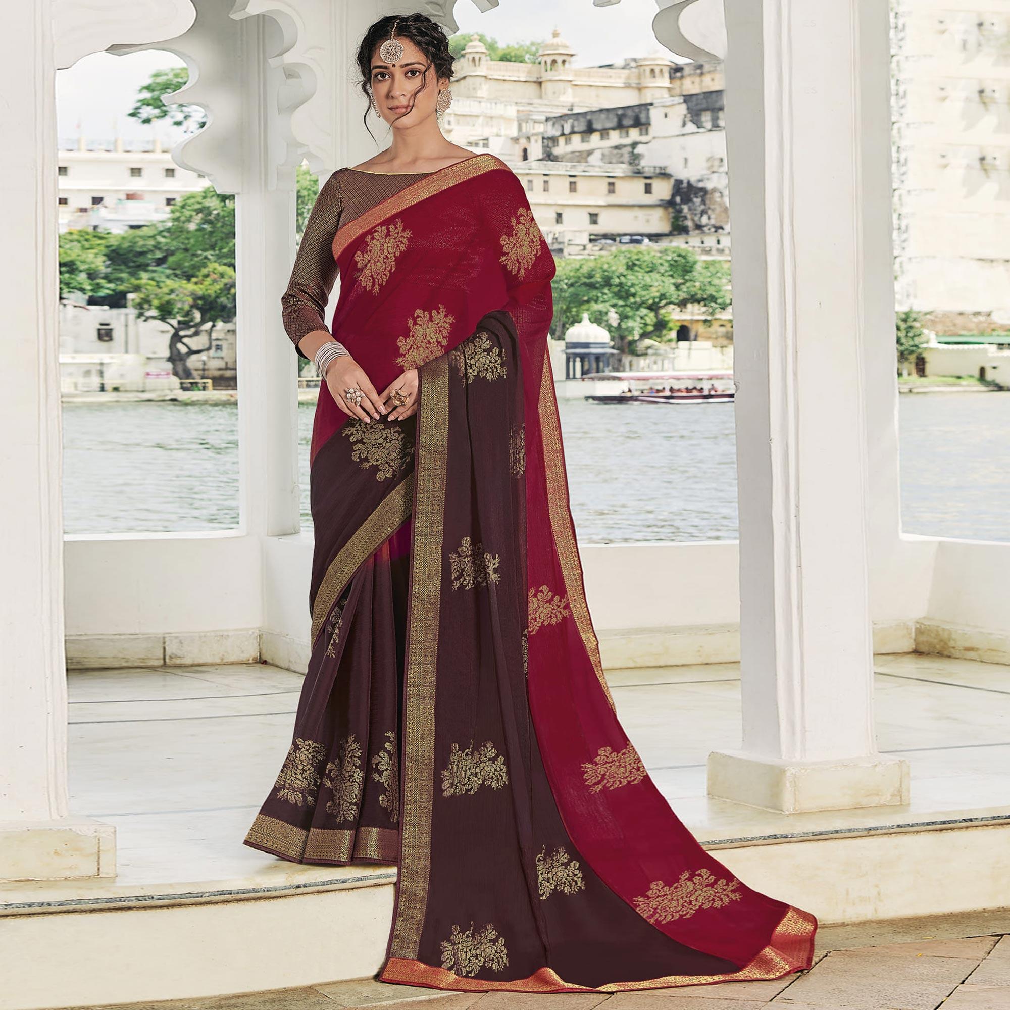 Multicolor Festive Wear Woven Chiffon Saree - Peachmode