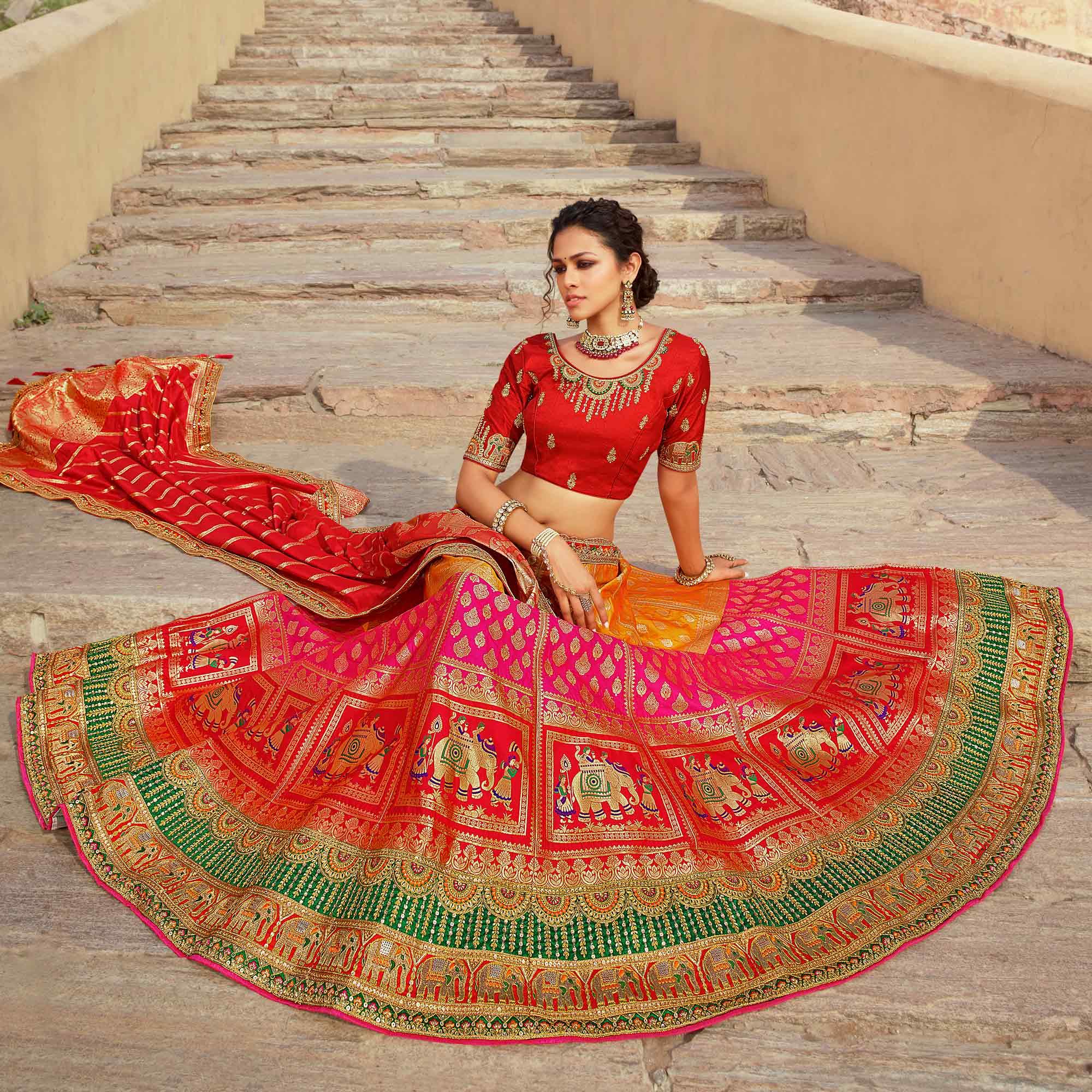 Multicolor Festive Wear Woven Heavy Banarasi Silk Lehenga Choli - Peachmode
