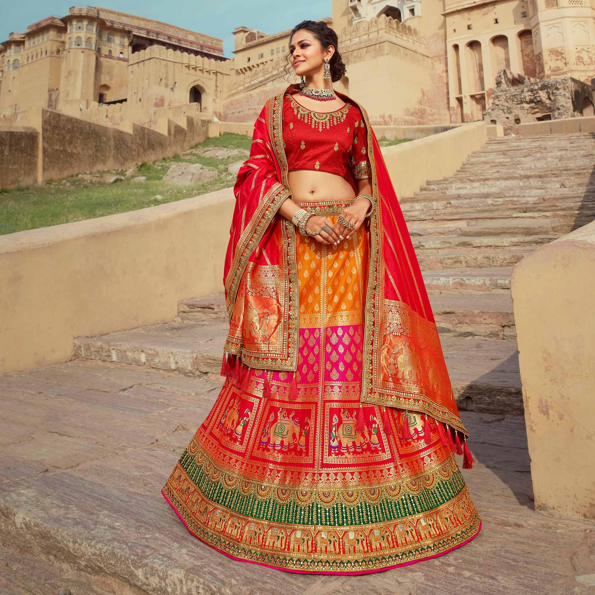 Multicolor Festive Wear Woven Heavy Banarasi Silk Lehenga Choli - Peachmode