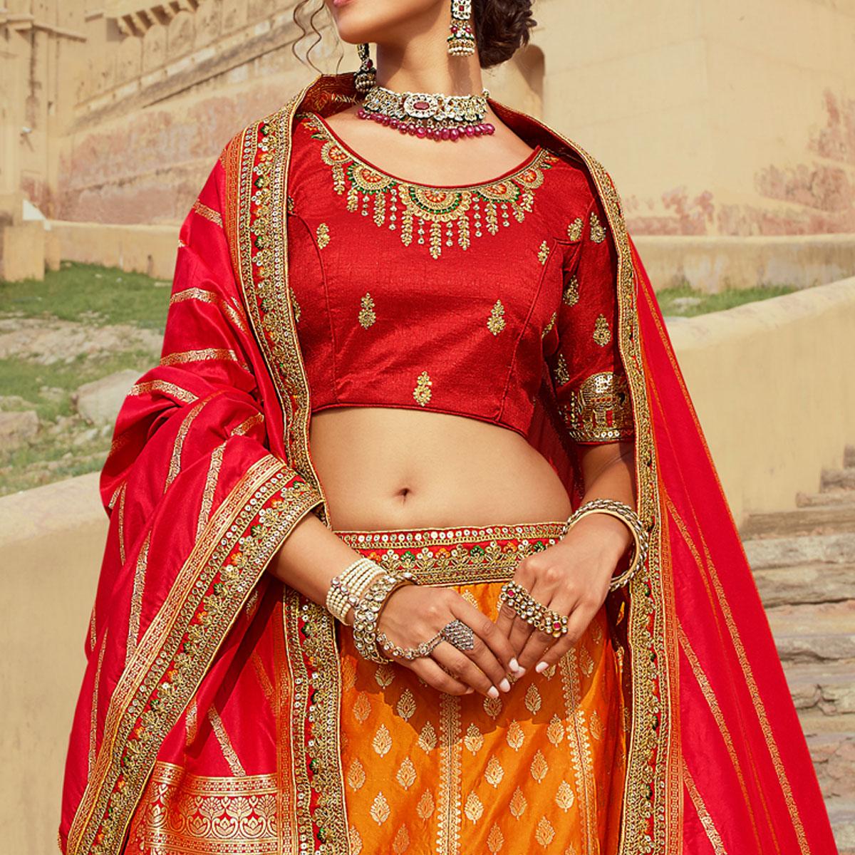 Multicolor Festive Wear Woven Heavy Banarasi Silk Lehenga Choli - Peachmode