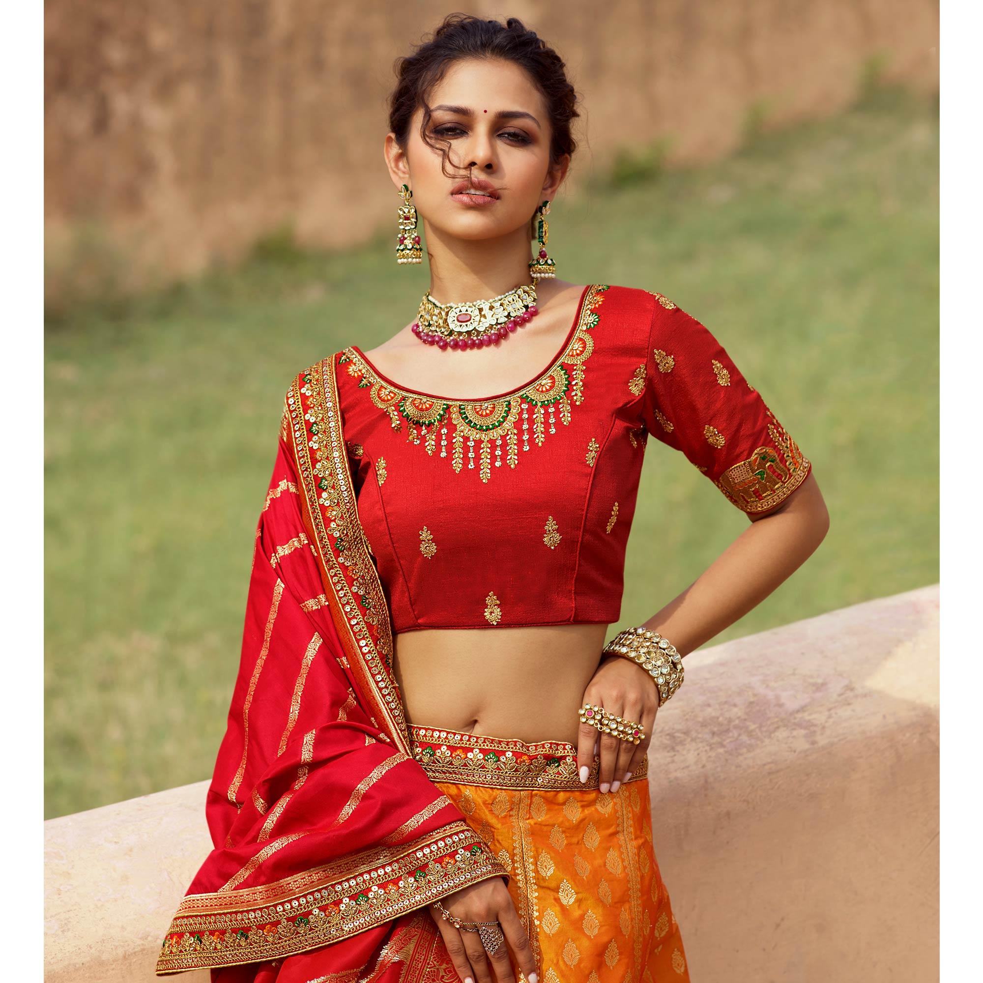 Multicolor Festive Wear Woven Heavy Banarasi Silk Lehenga Choli - Peachmode