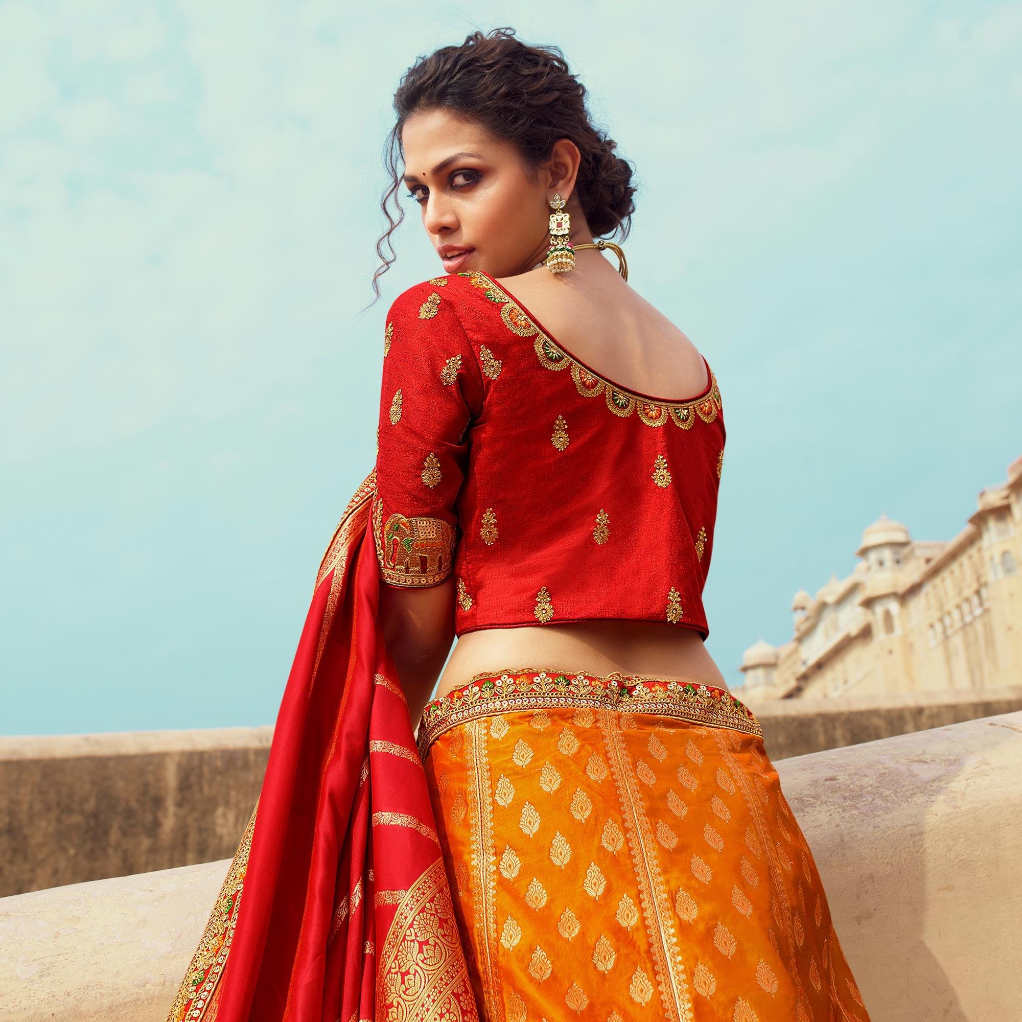 Multicolor Festive Wear Woven Heavy Banarasi Silk Lehenga Choli - Peachmode