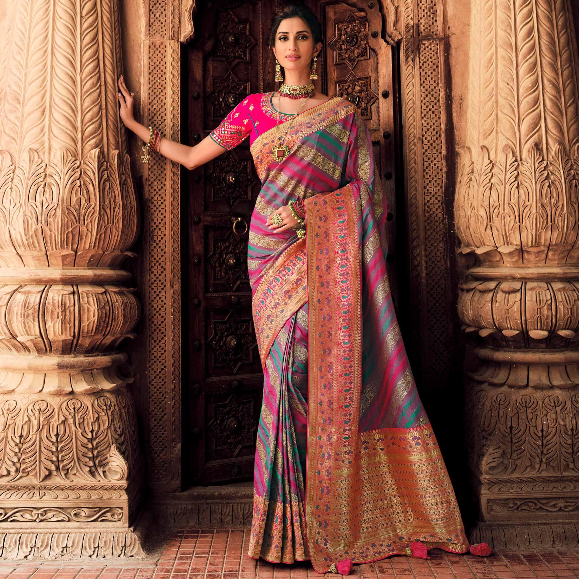 Multicolor Festive Wear Woven Silk Saree - Peachmode