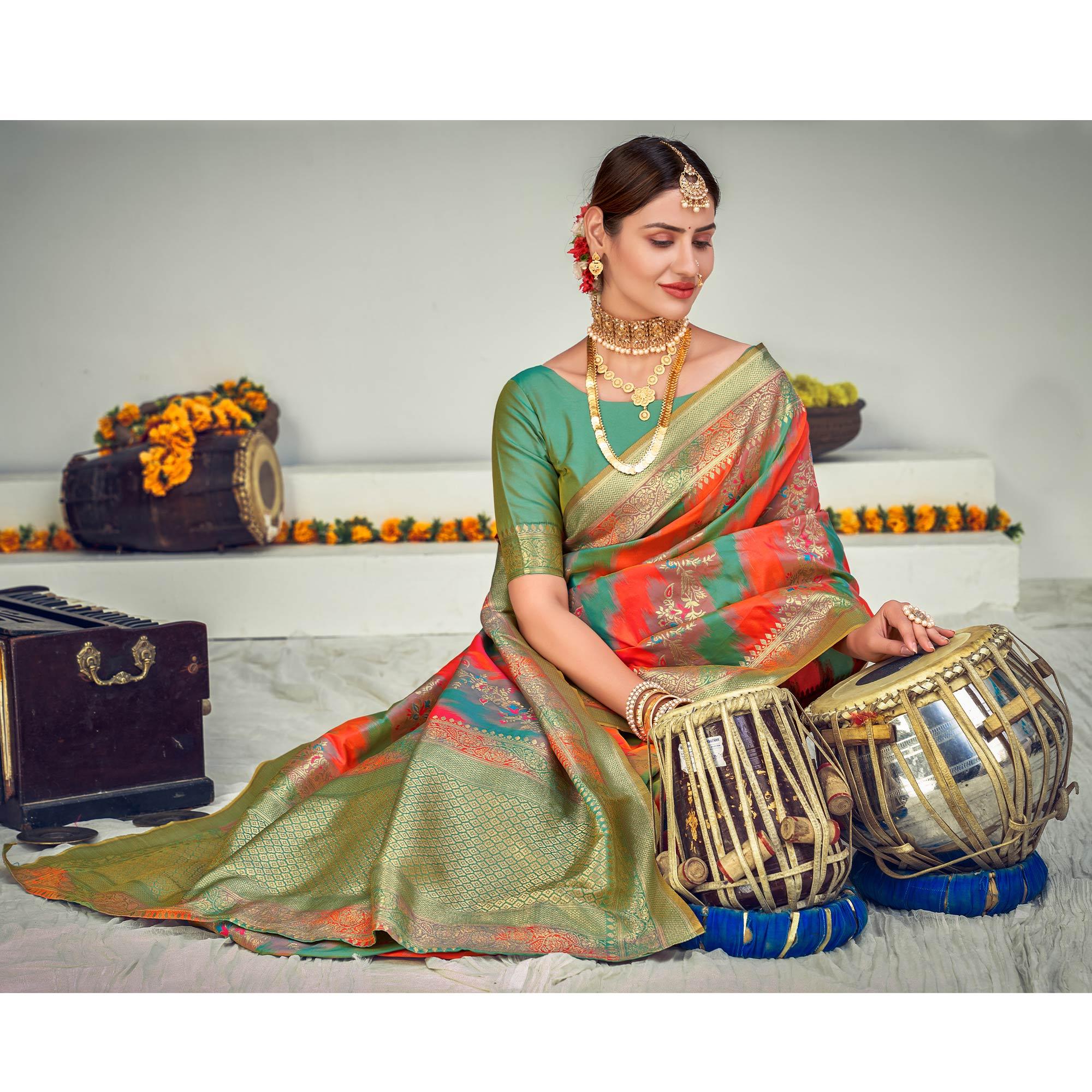 Multicolor Festive Wear Zari Woven Banarasi Silk Saree - Peachmode