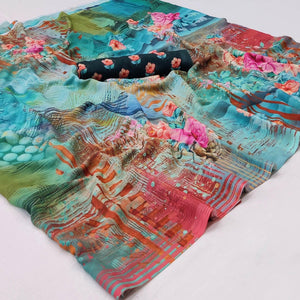 Multicolor Floral Digital Printed Georgette Saree - Peachmode