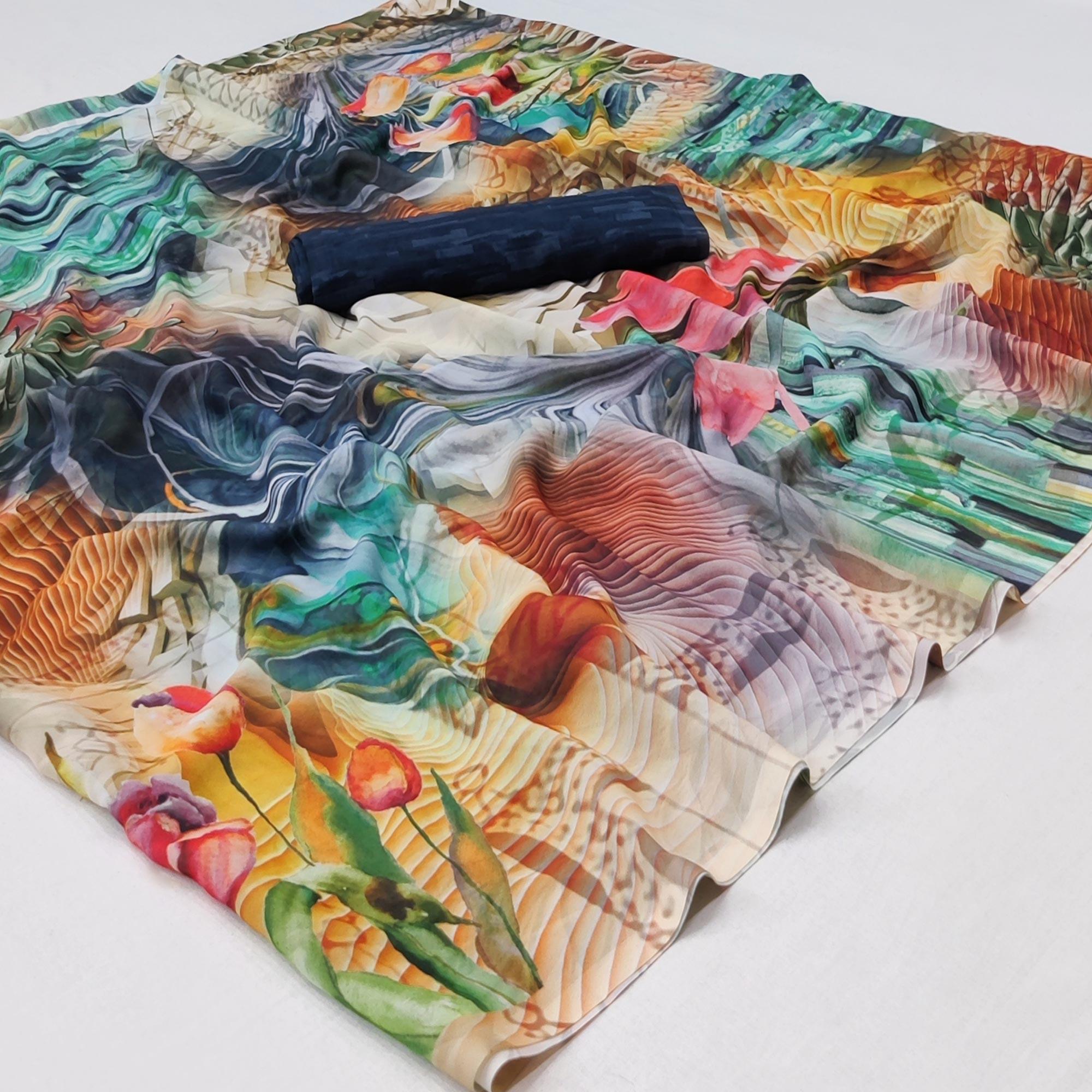 Multicolor Floral Digital Printed Georgette Saree - Peachmode