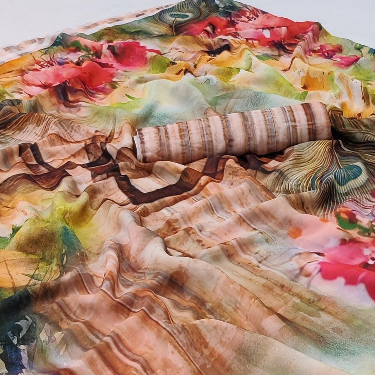 Multicolor Floral Digital Printed Georgette Saree - Peachmode
