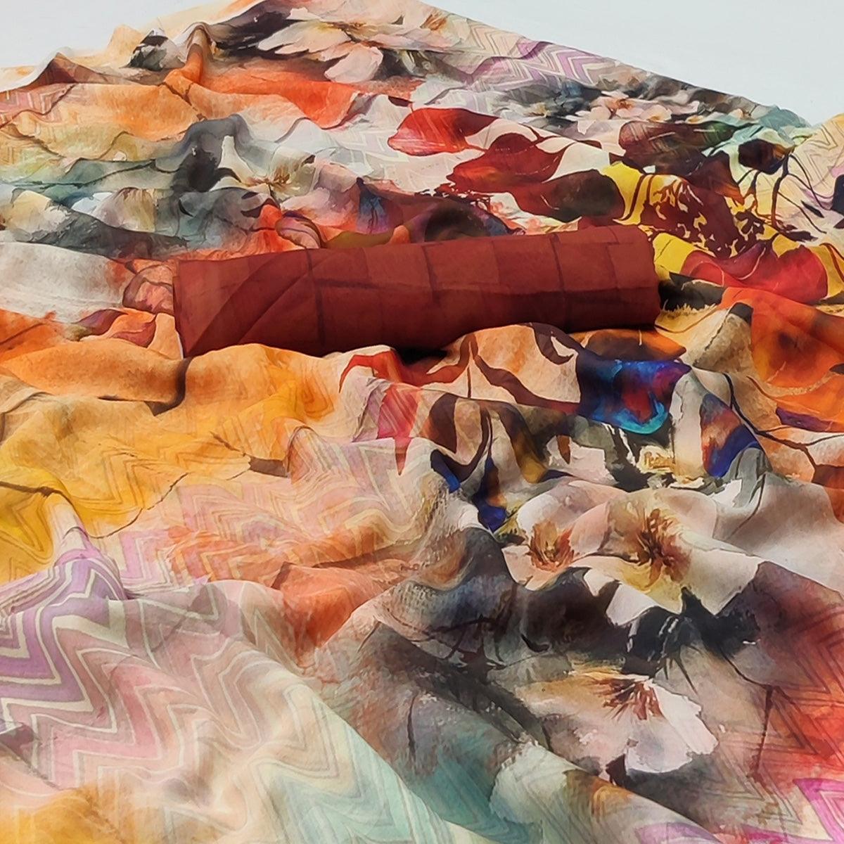 Multicolor Floral Digital Printed Georgette Saree - Peachmode