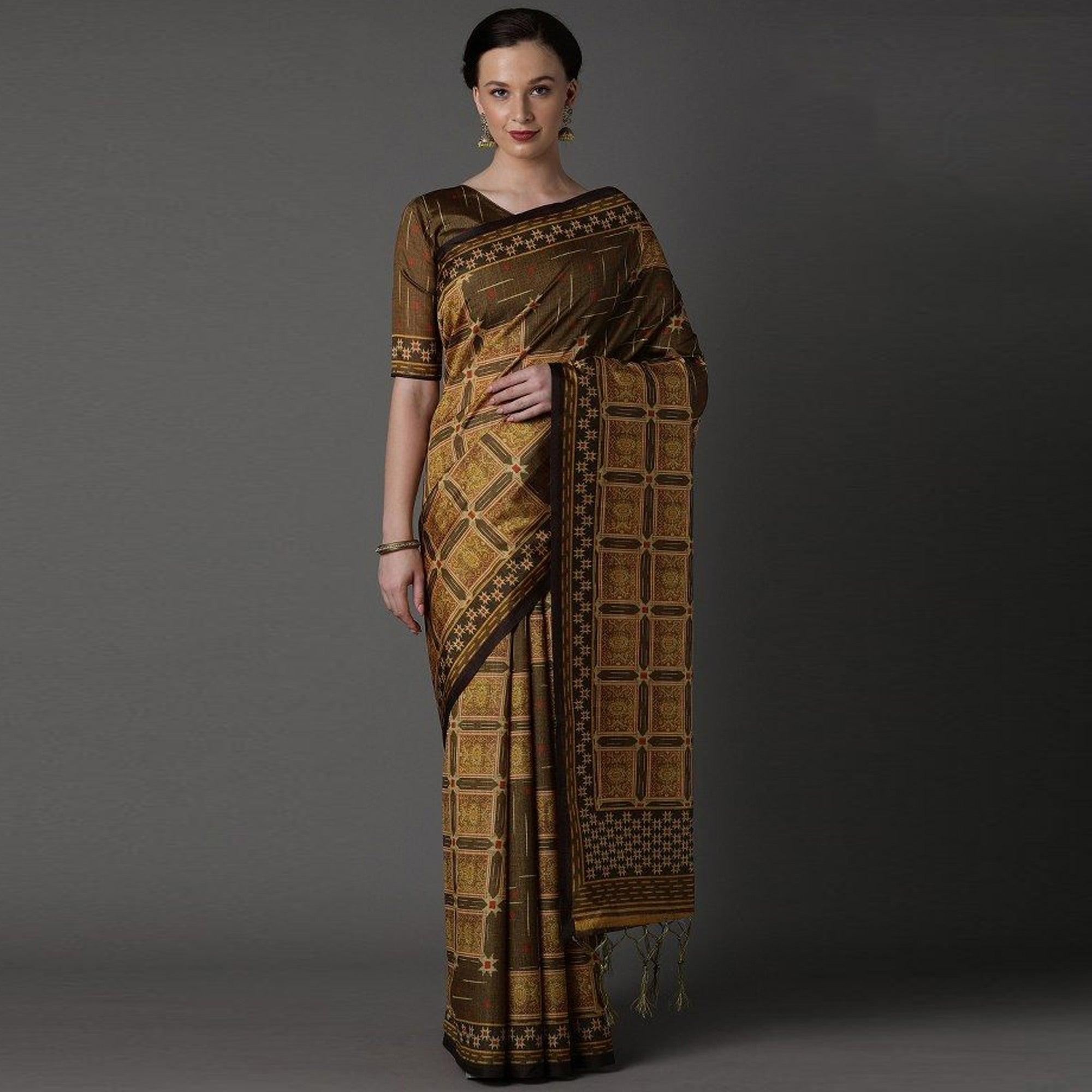 Multicolor Party Wear Satin Printed Saree With Unstitched Blouse - Peachmode