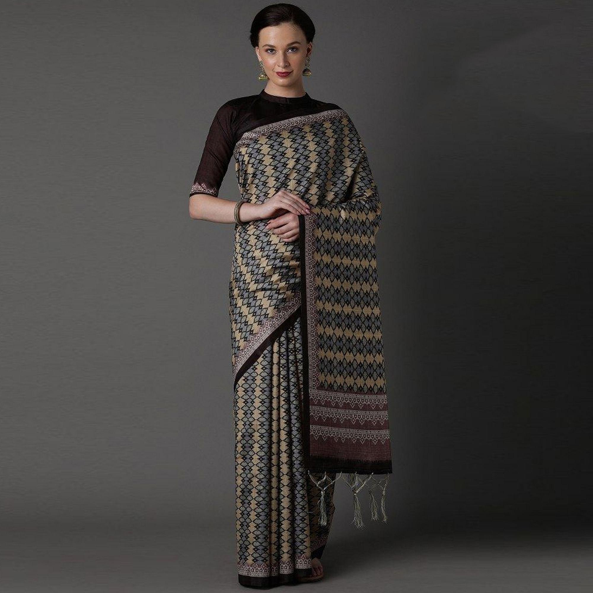 Multicolor Party Wear Satin Printed Saree With Unstitched Blouse - Peachmode