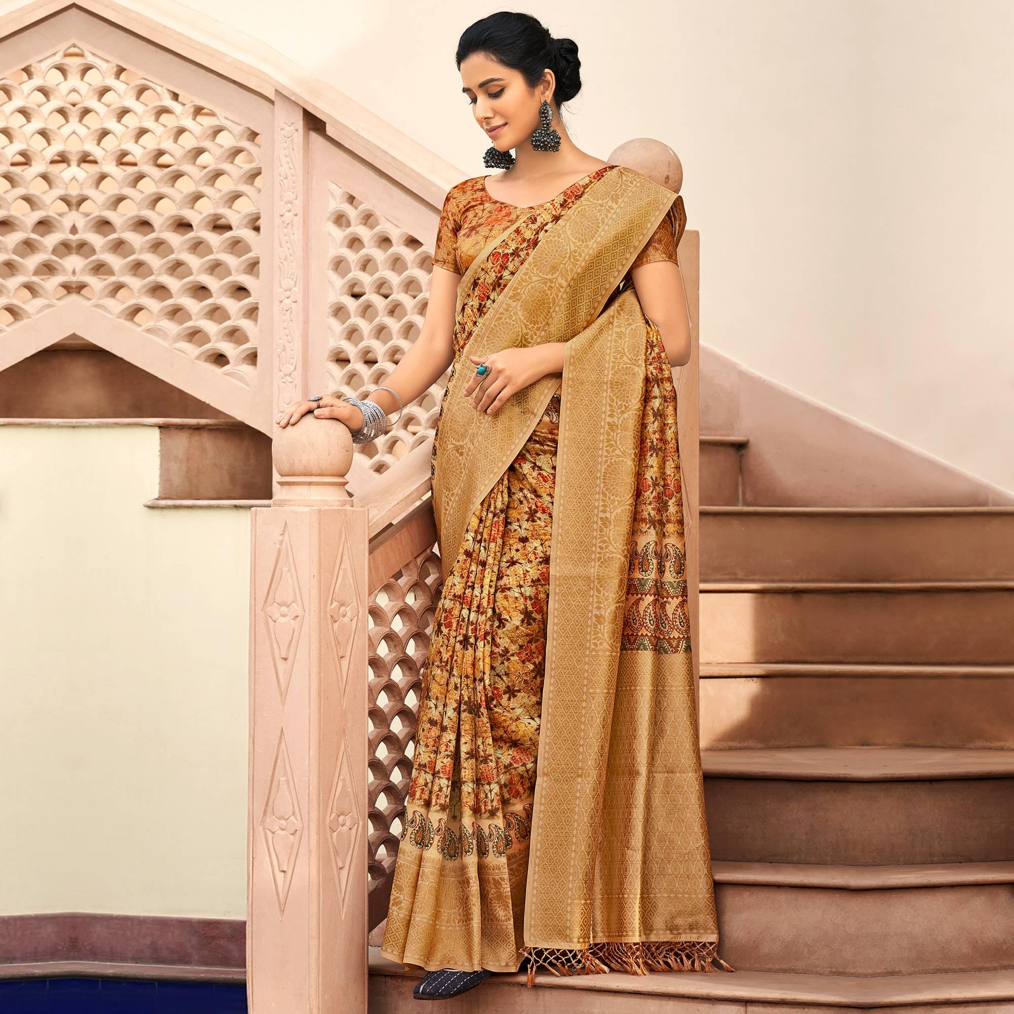 Multicolor Partywear Digital Printed Silk Saree - Peachmode