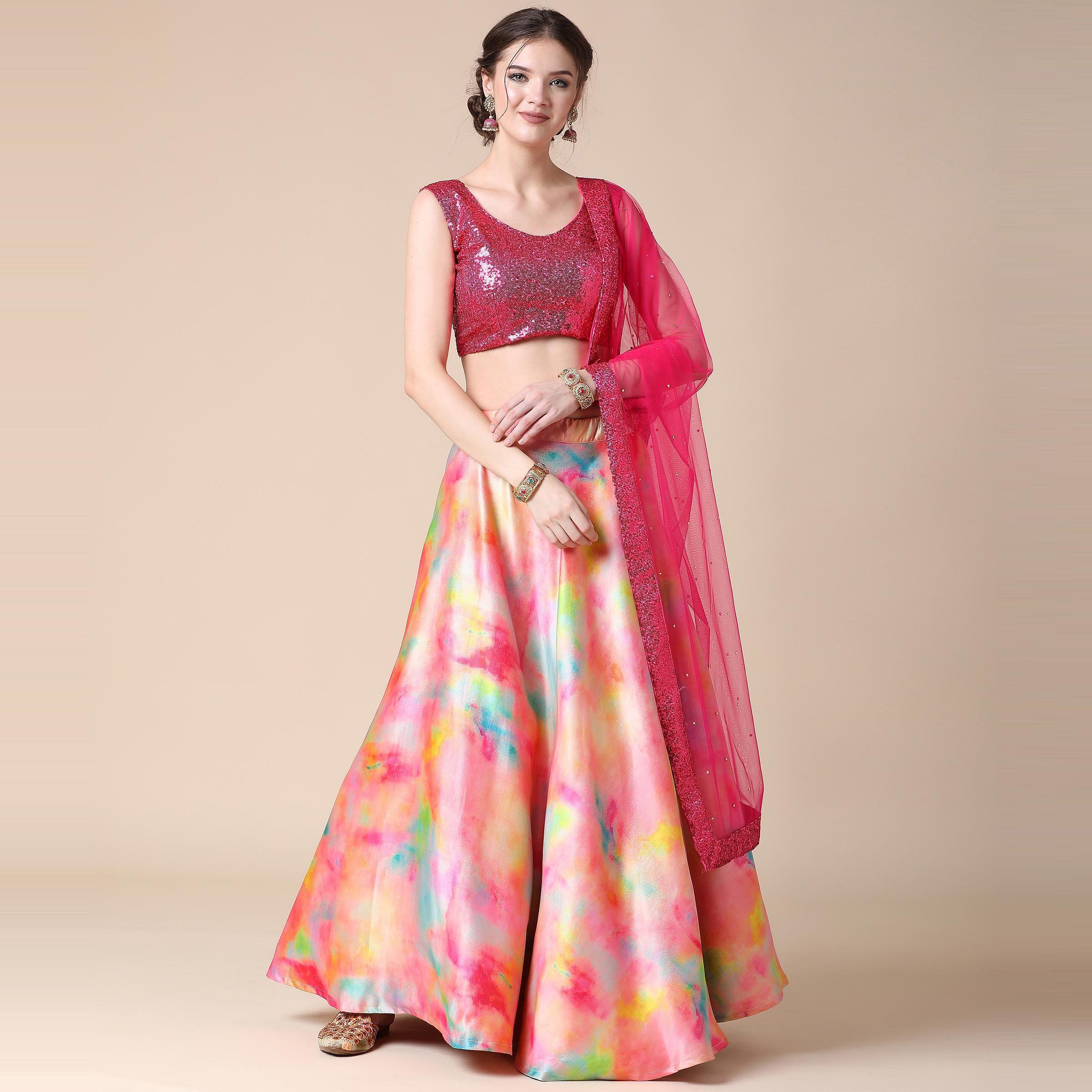 Multicolor Partywear Heavy Digital Printed Heavy Silk Lehenga - Peachmode