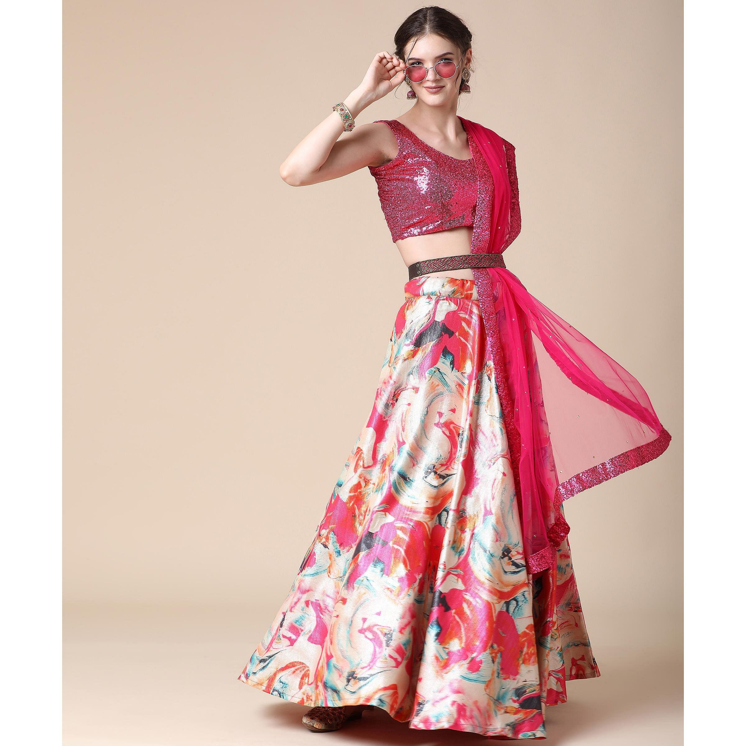 Multicolor Partywear Heavy Digital Printed Heavy Silk Lehenga - Peachmode