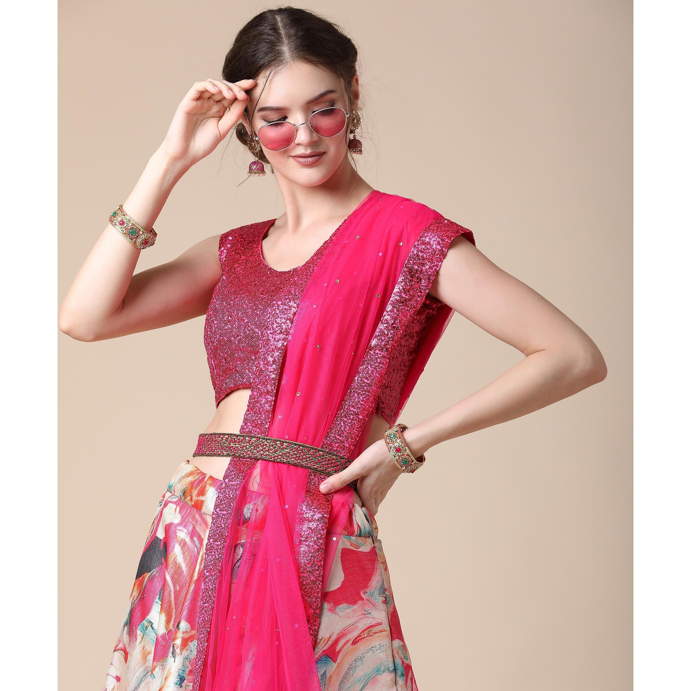 Multicolor Partywear Heavy Digital Printed Heavy Silk Lehenga - Peachmode