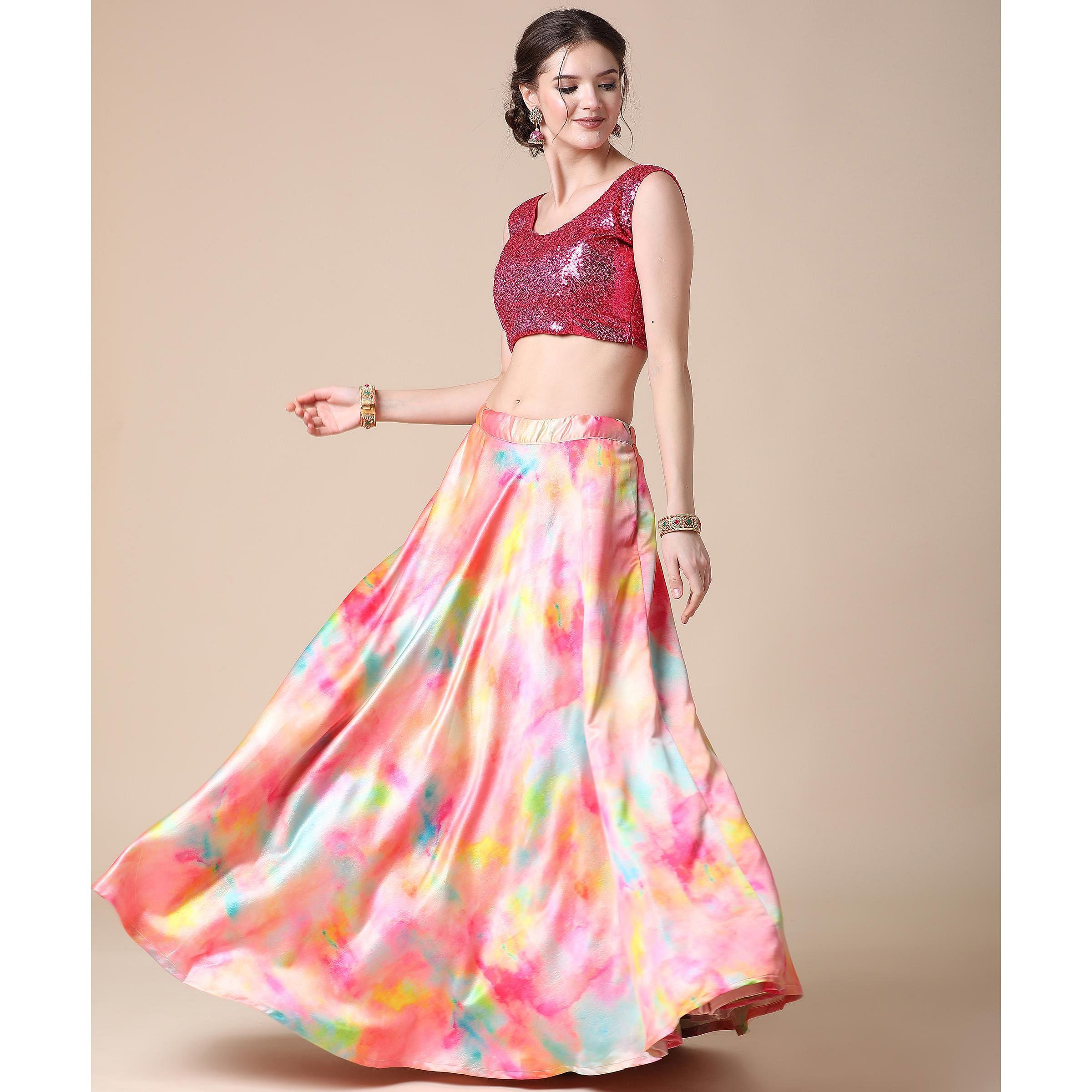 Multicolor Partywear Heavy Digital Printed Heavy Silk Lehenga - Peachmode