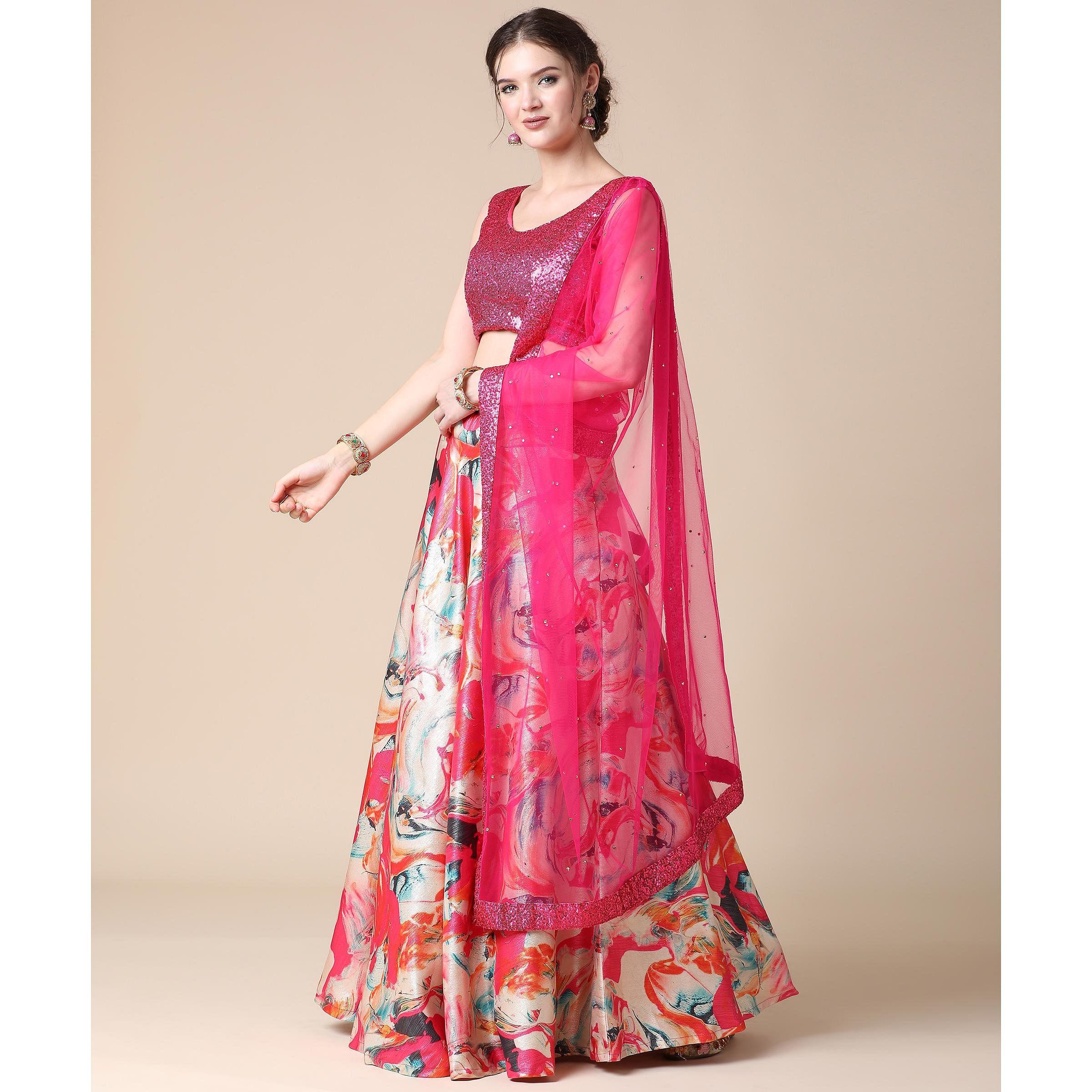 Multicolor Partywear Heavy Digital Printed Heavy Silk Lehenga - Peachmode