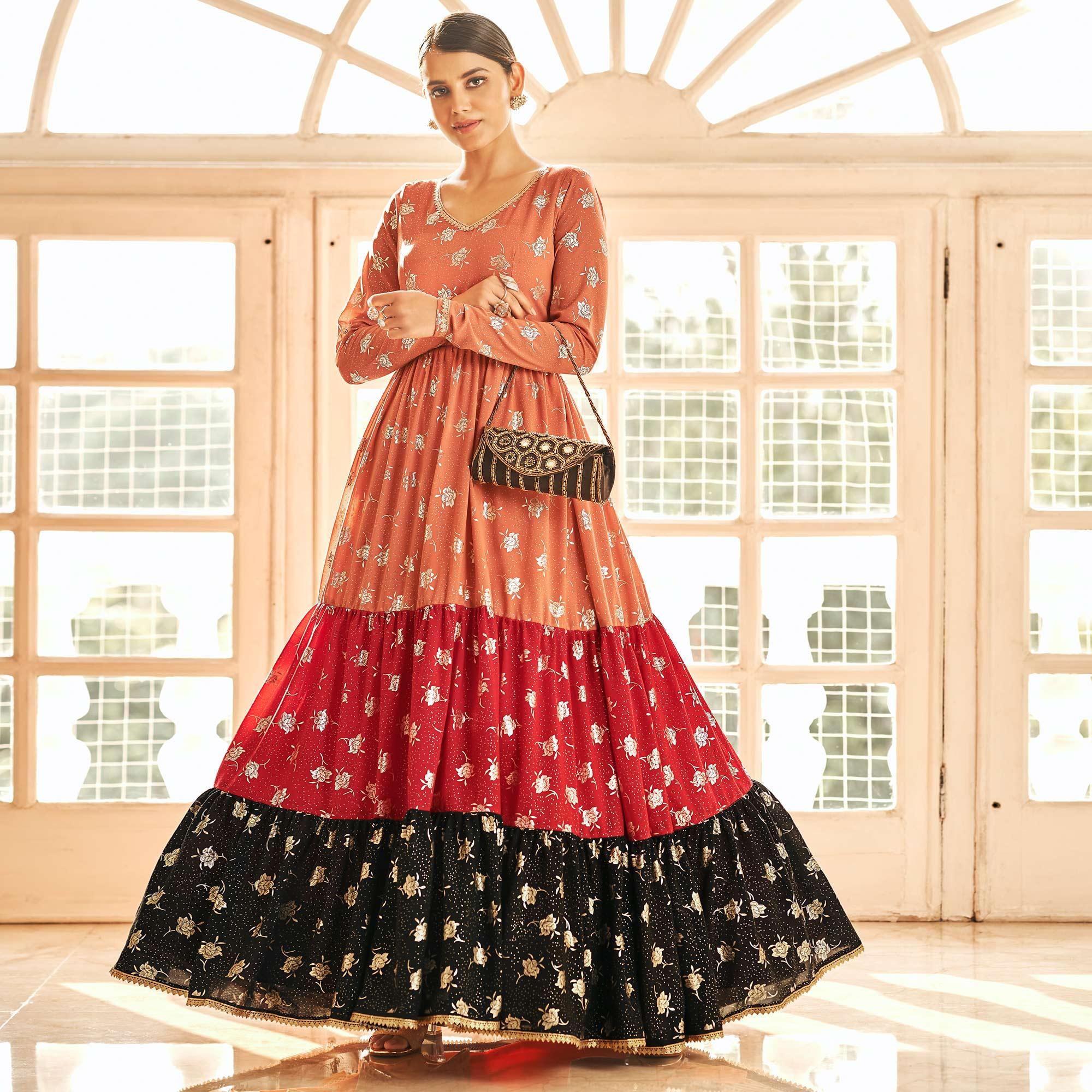 Multicolor Partywear Metallic Foil Work Georgette Gown - Peachmode