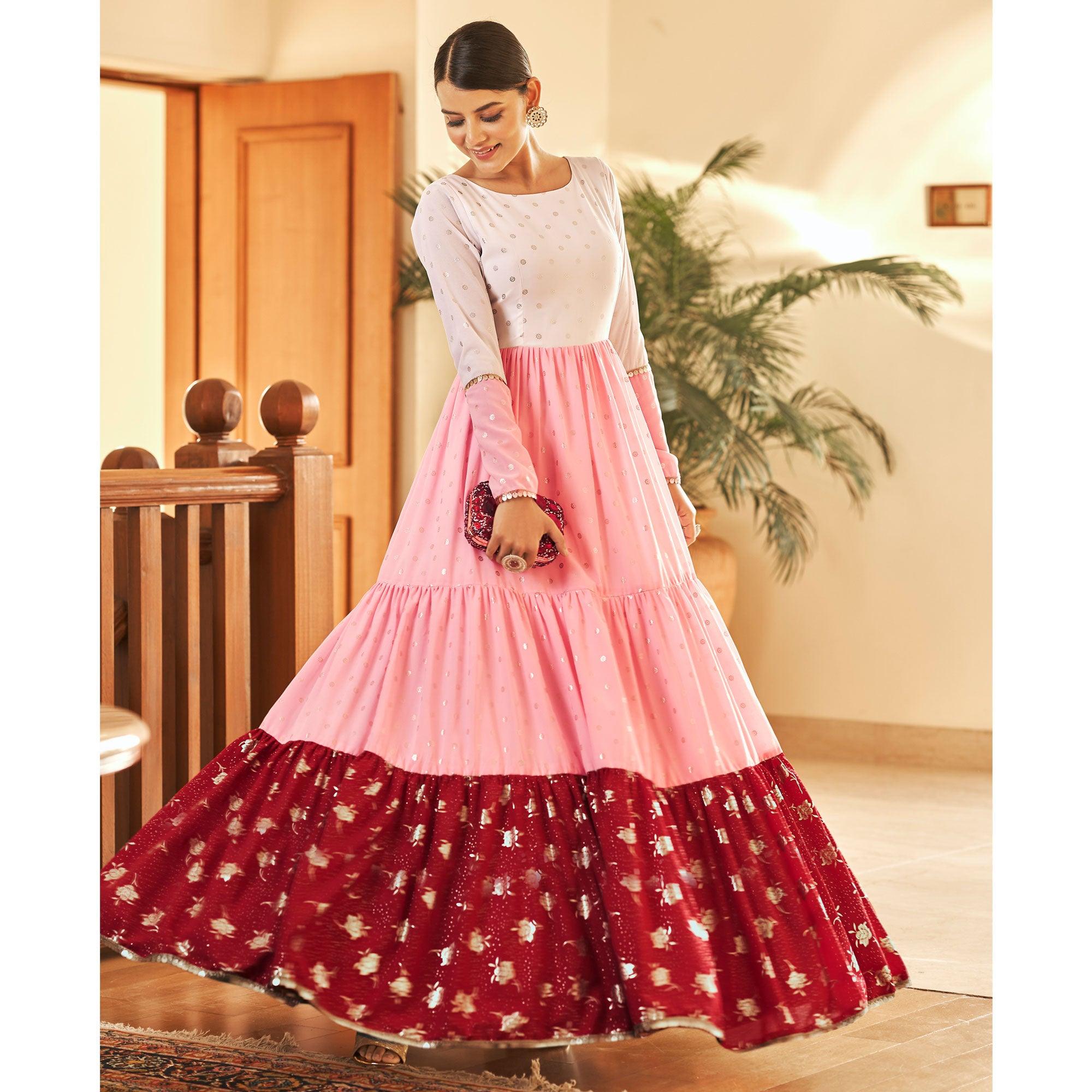 Multicolor Partywear Metallic Foil Work Georgette Gown - Peachmode