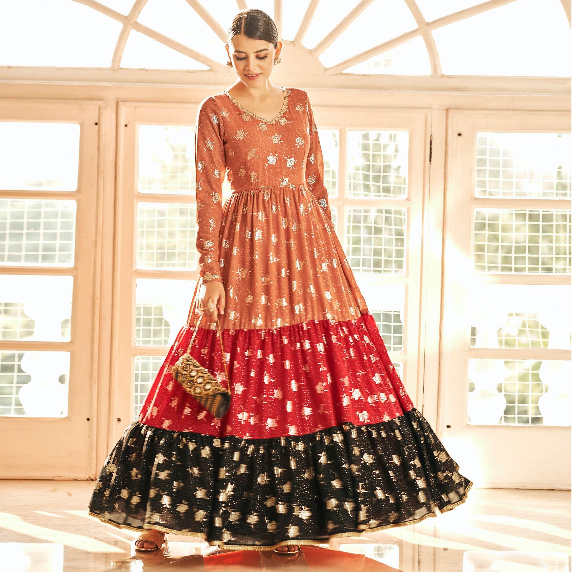 Multicolor Partywear Metallic Foil Work Georgette Gown - Peachmode