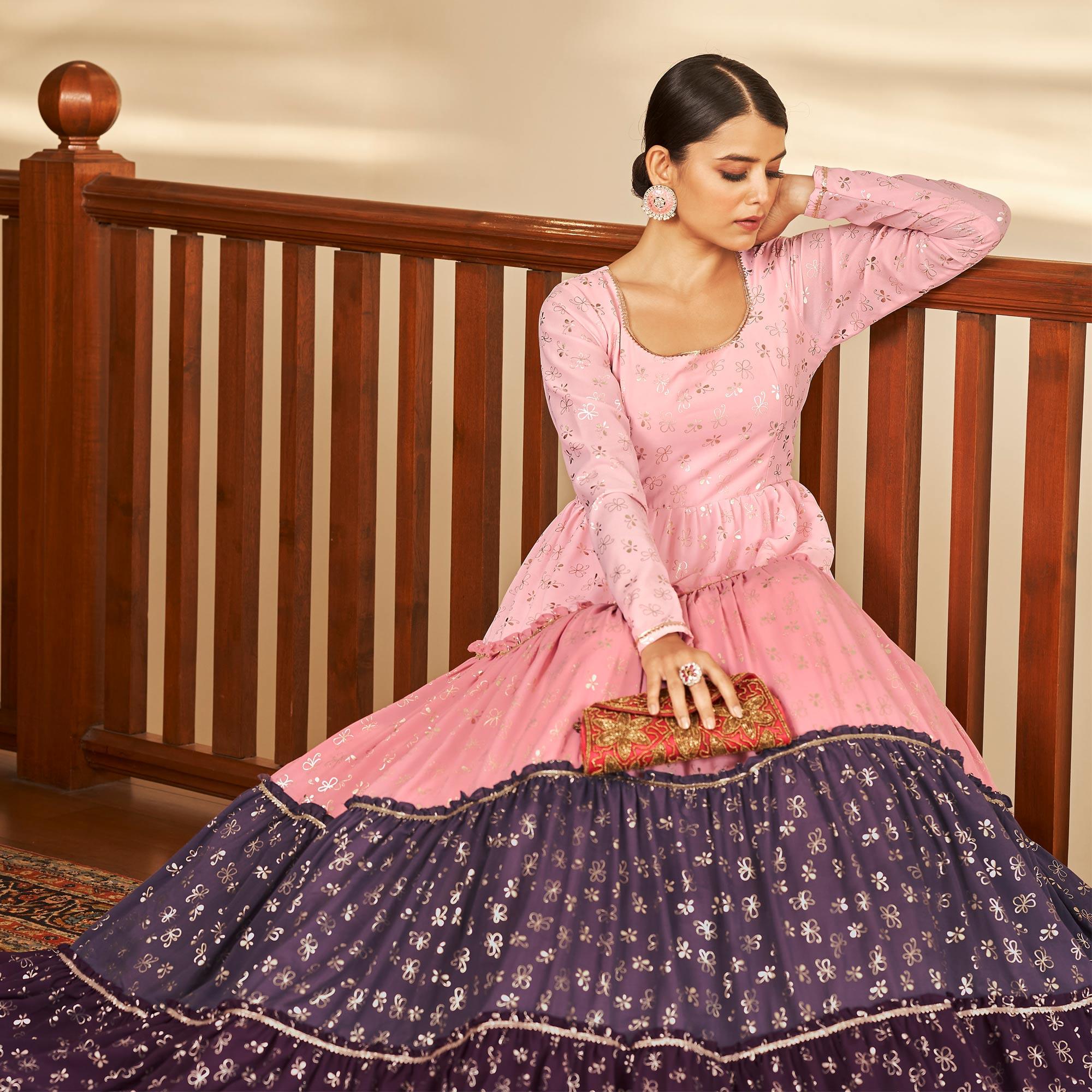Multicolor Partywear Metallic Foil Work Georgette Gown - Peachmode