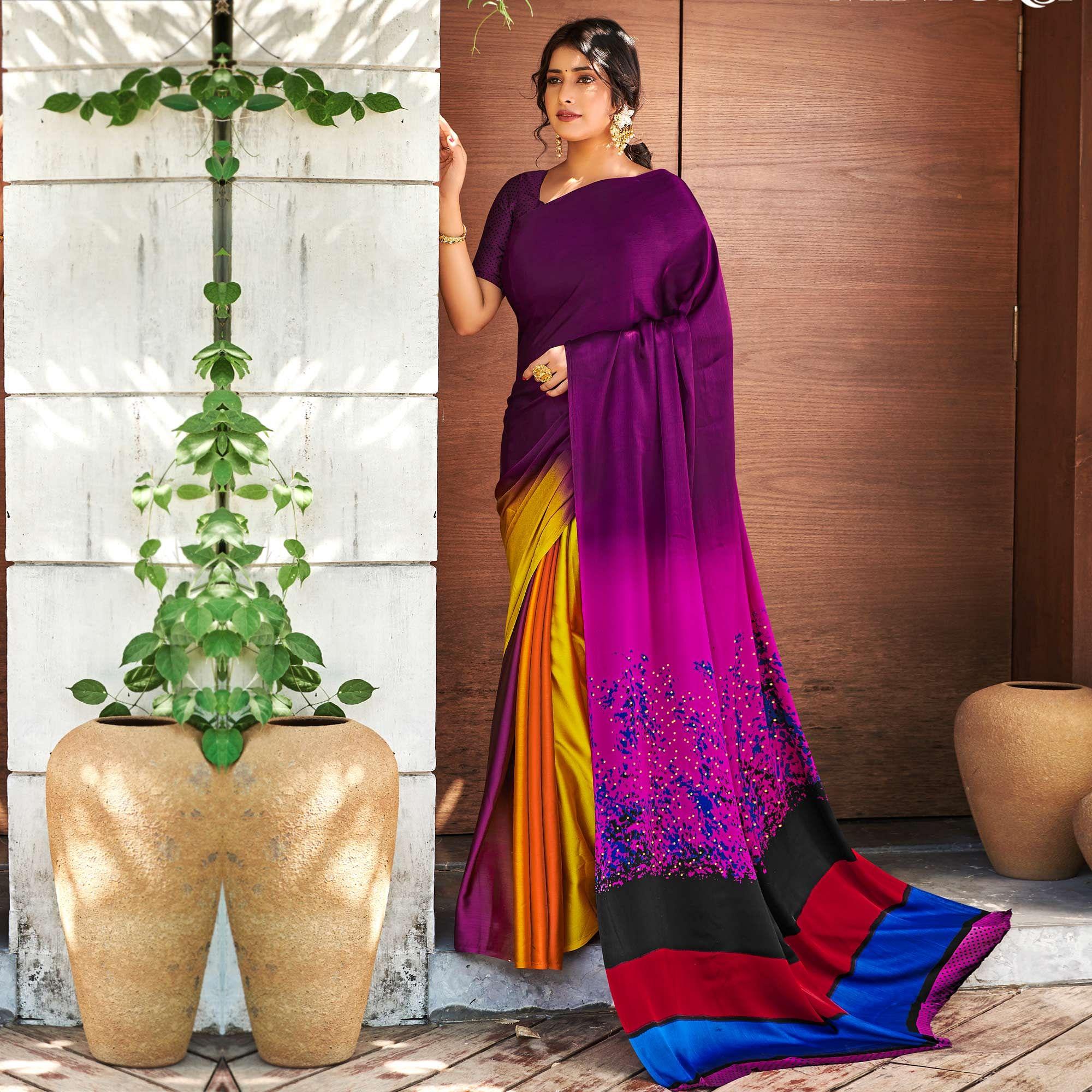 Multicolor Partywear Printed & Embellished Satin Saree - Peachmode