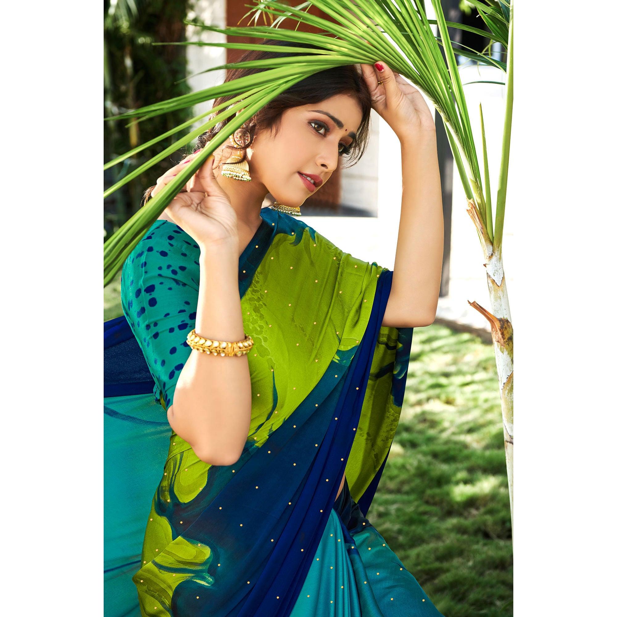 Multicolor Partywear Printed & Embellished Satin Saree - Peachmode