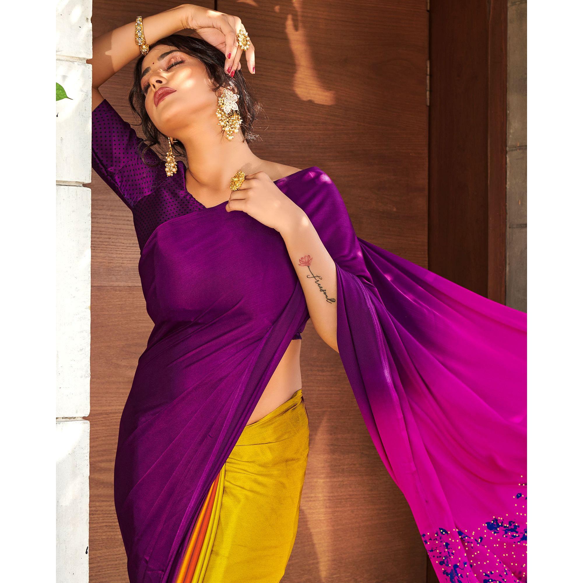 Multicolor Partywear Printed & Embellished Satin Saree - Peachmode