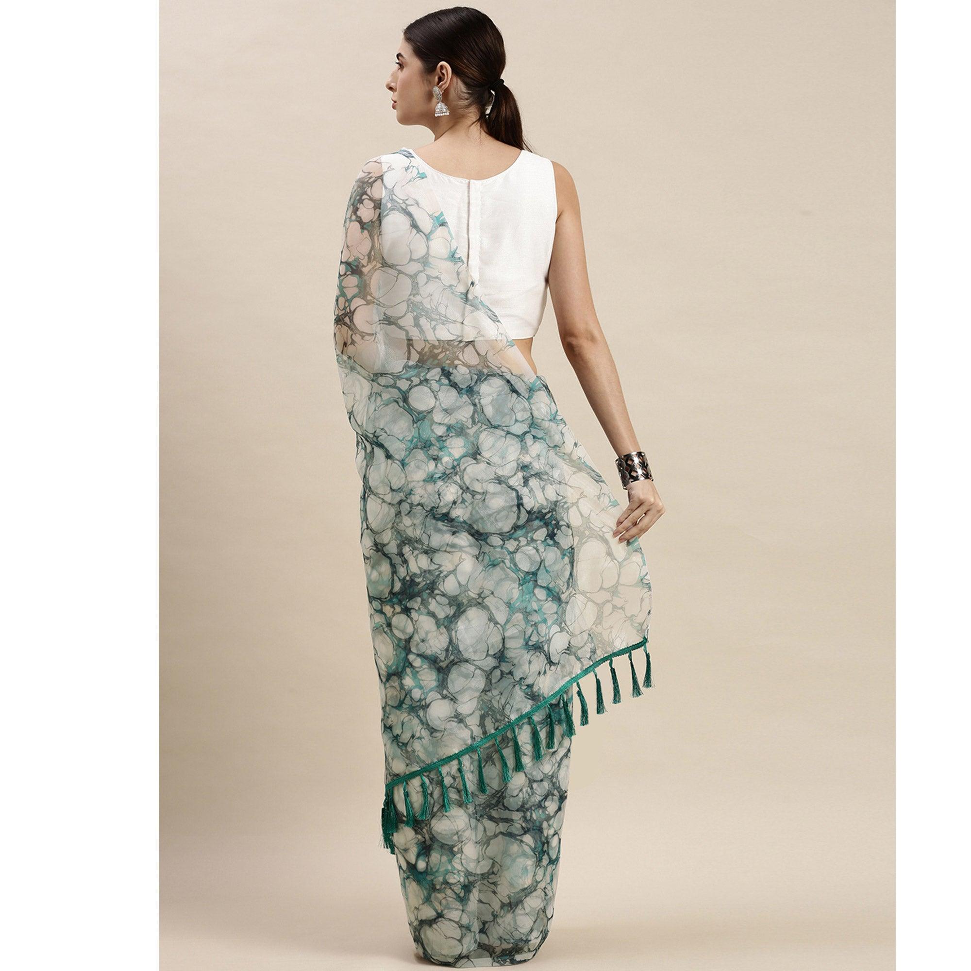 Multicolor Partywear Printed Organza Saree - Peachmode
