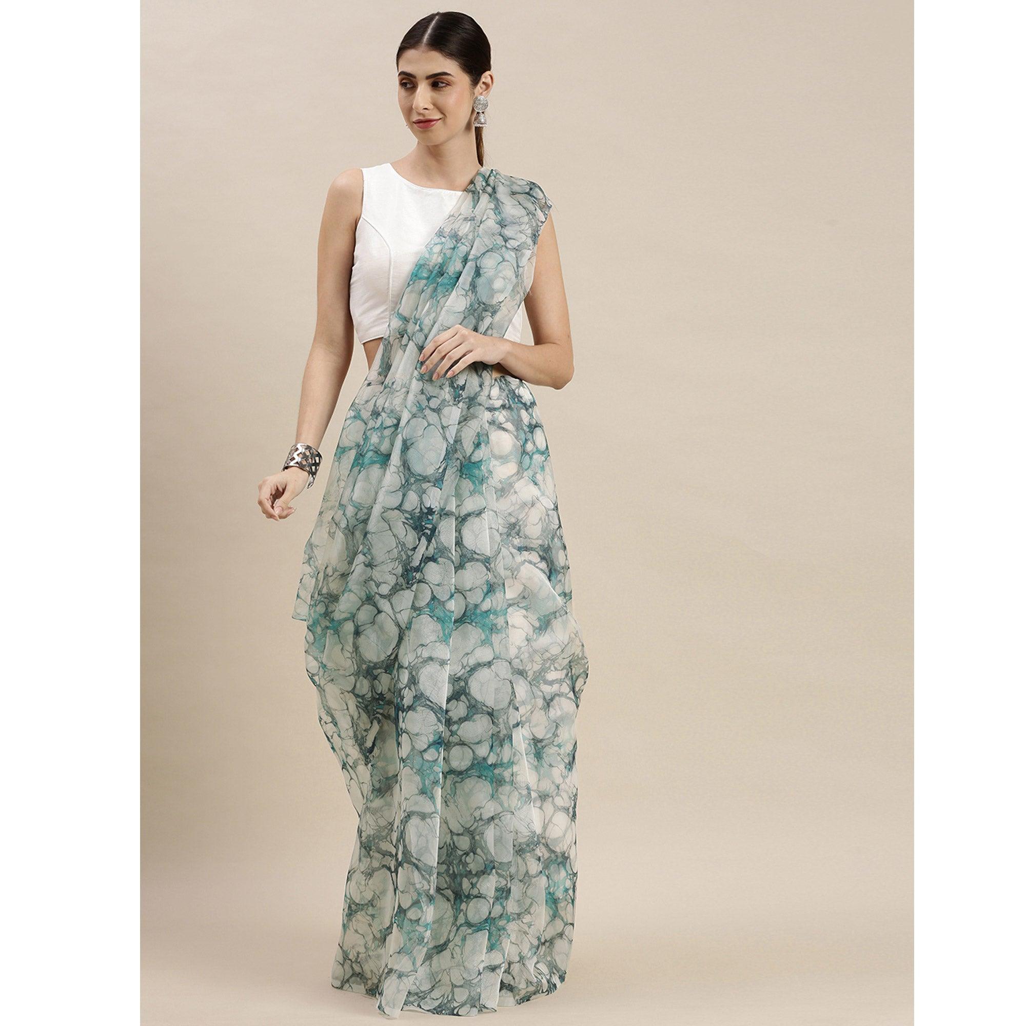 Multicolor Partywear Printed Organza Saree - Peachmode