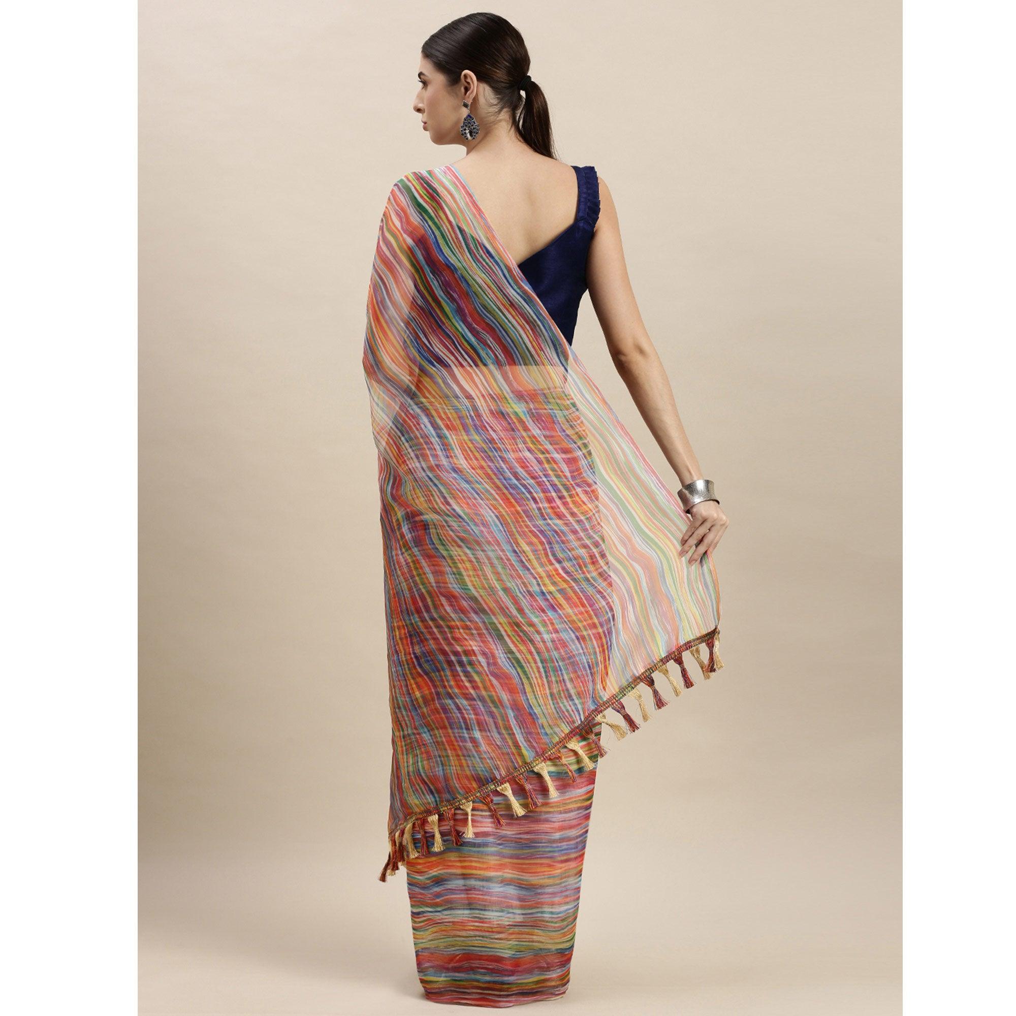 Multicolor Partywear Printed Organza Saree - Peachmode
