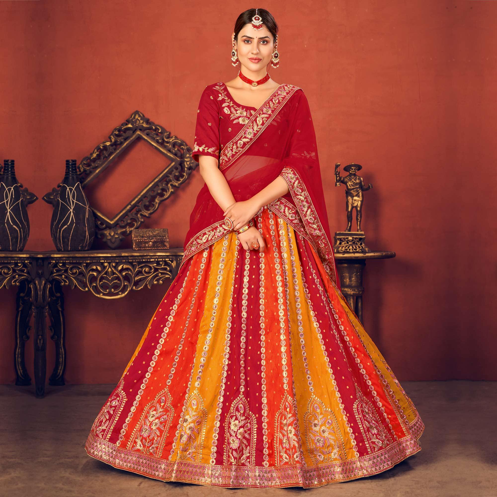 Multicolor Partywear Sequence Embroidered Art Silk Lehenga Choli - Peachmode