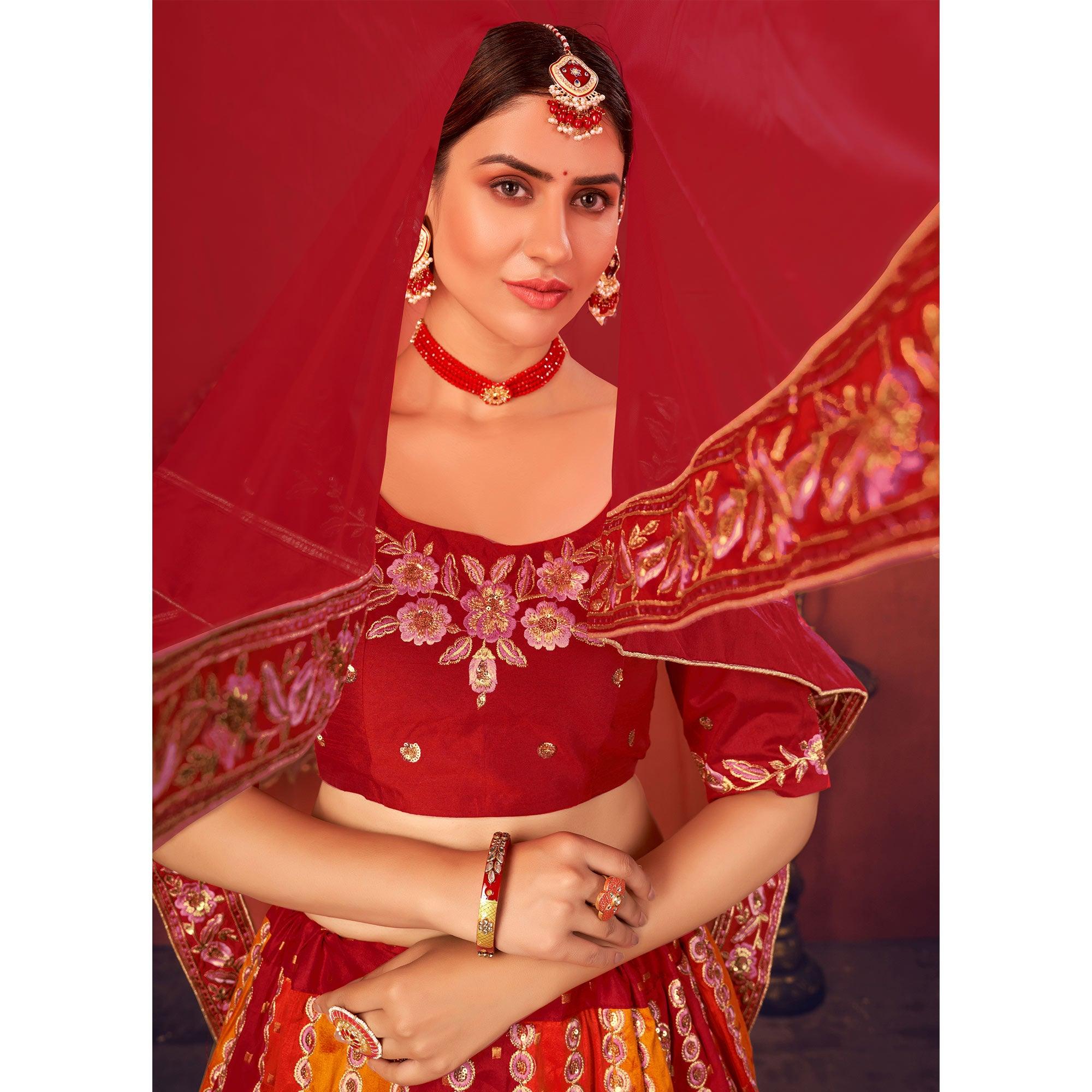 Multicolor Partywear Sequence Embroidered Art Silk Lehenga Choli - Peachmode