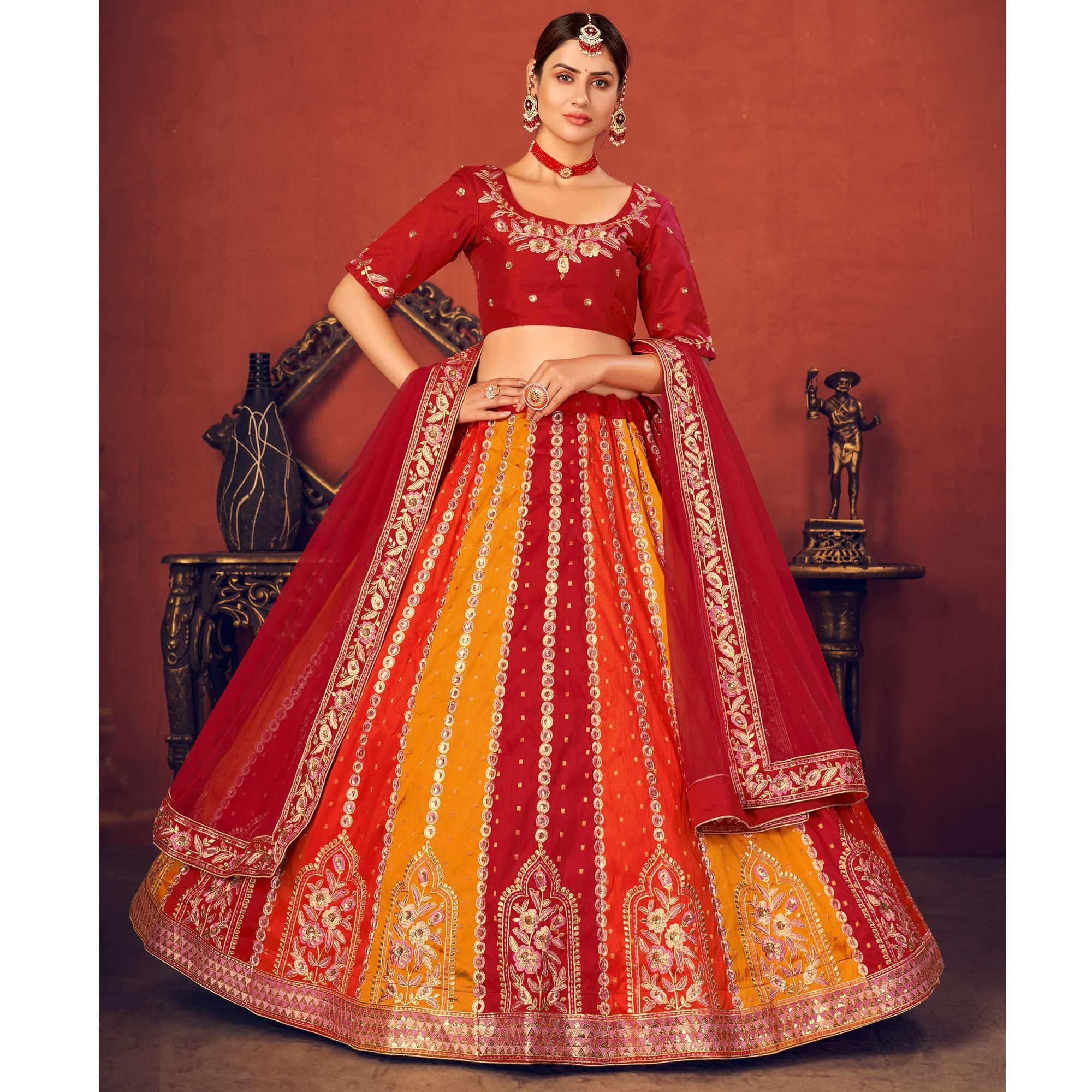 Multicolor Partywear Sequence Embroidered Art Silk Lehenga Choli - Peachmode