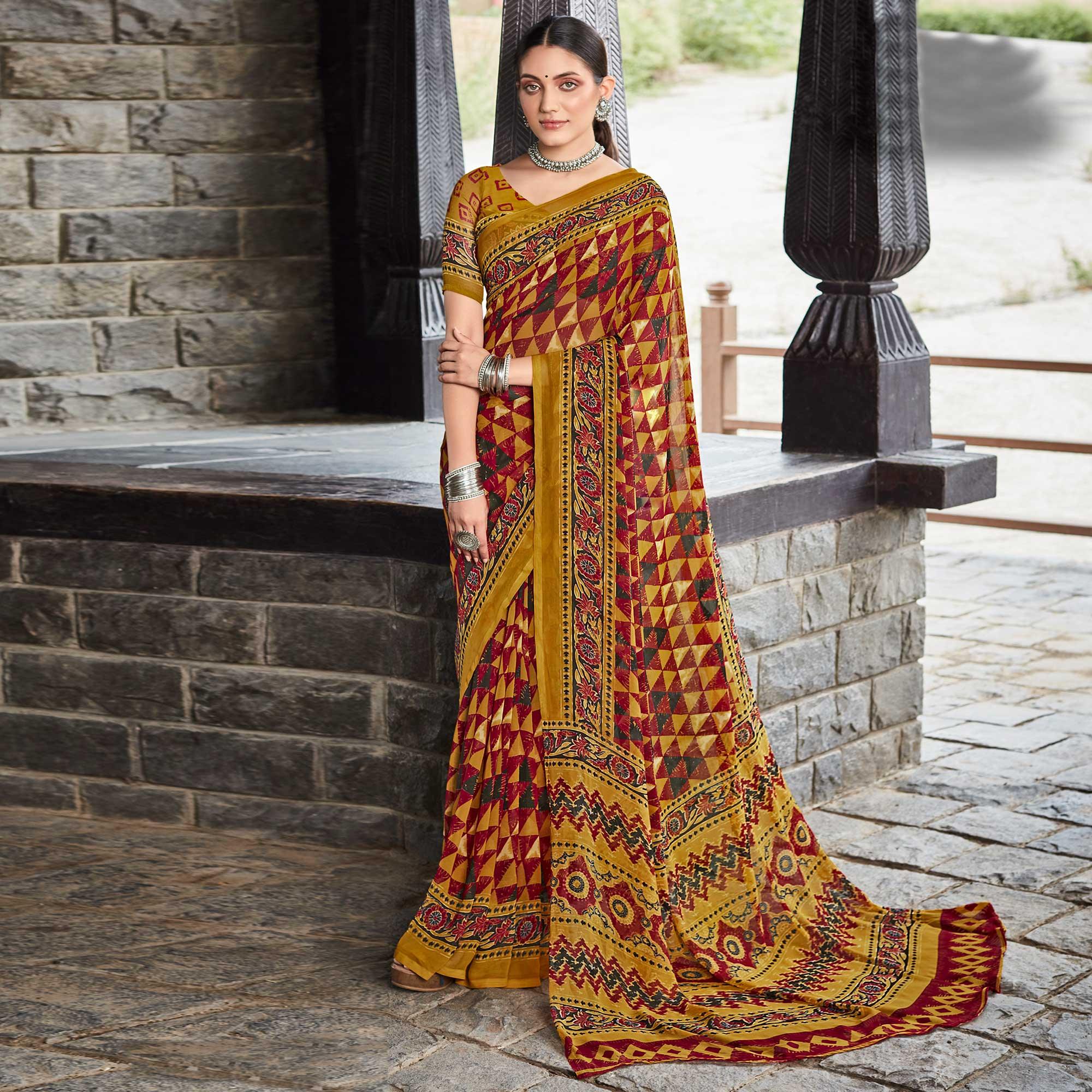 Multicolor Printed Geoergette Saree - Peachmode