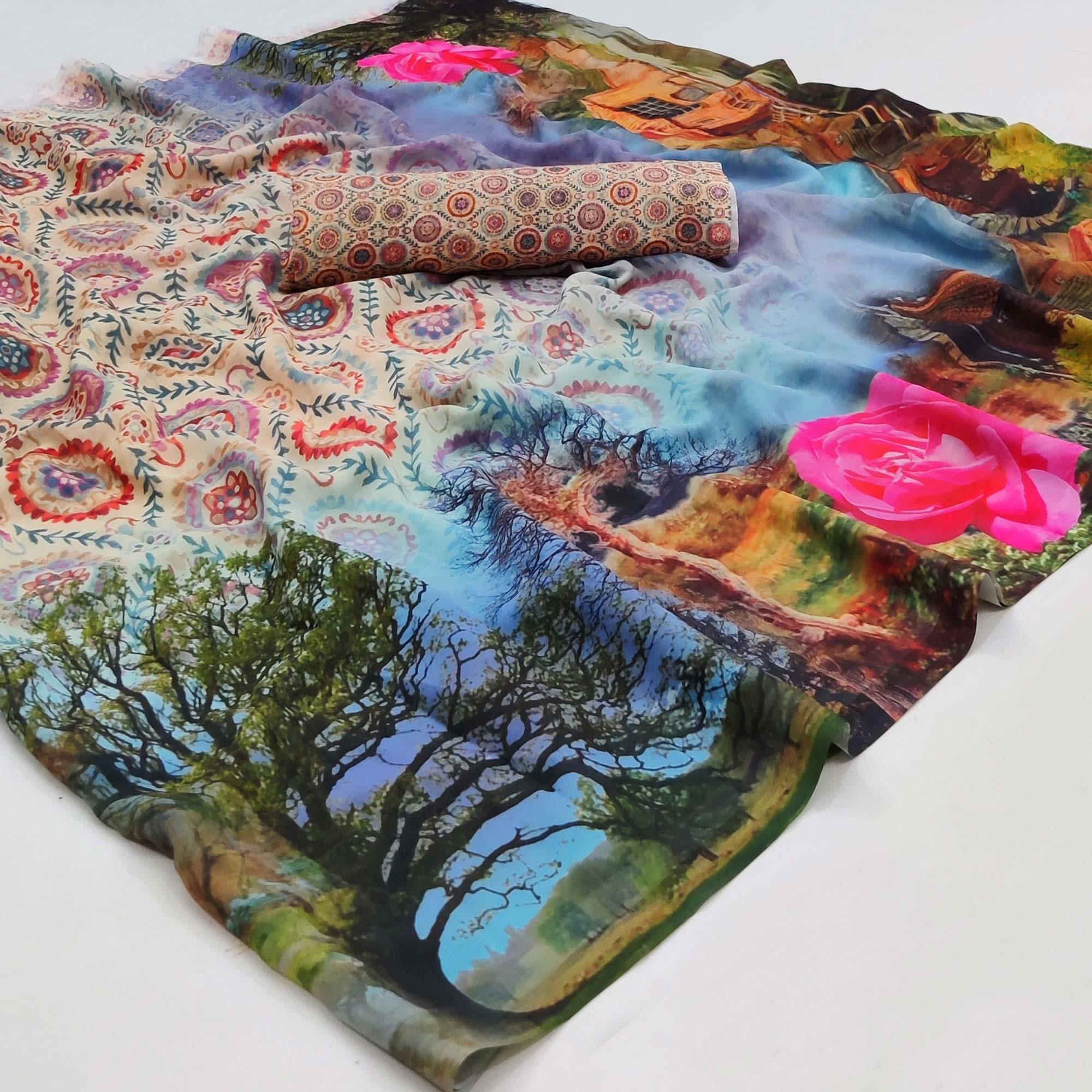 Multicolor Printed Georgette Saree - Peachmode