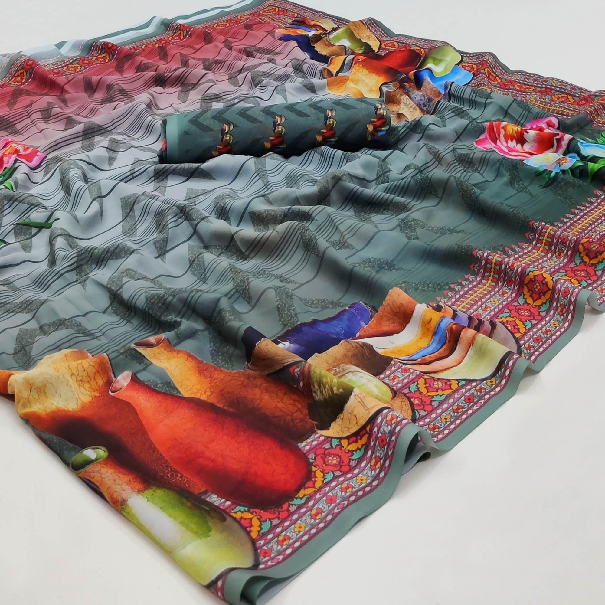 Multicolor Printed Georgette Saree - Peachmode