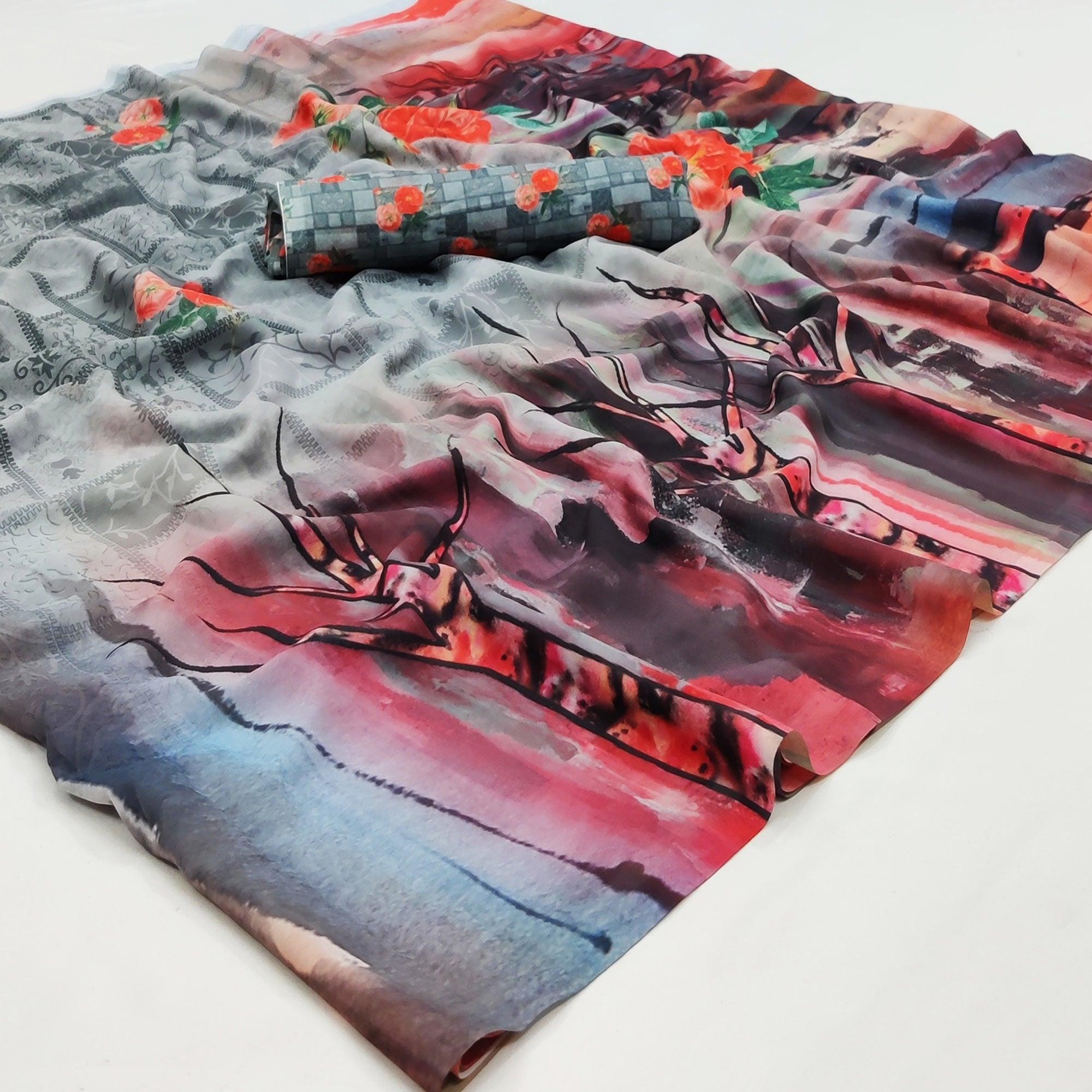 Multicolor Printed Georgette Saree - Peachmode