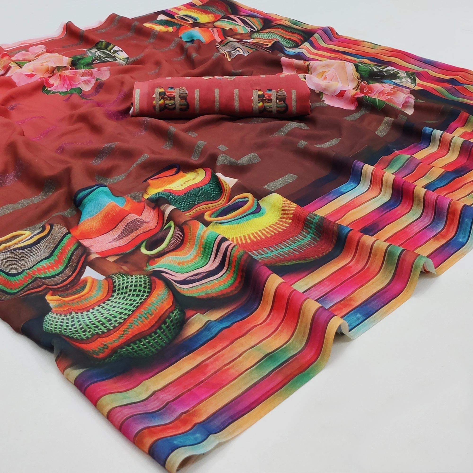 Multicolor Printed Georgette Saree - Peachmode