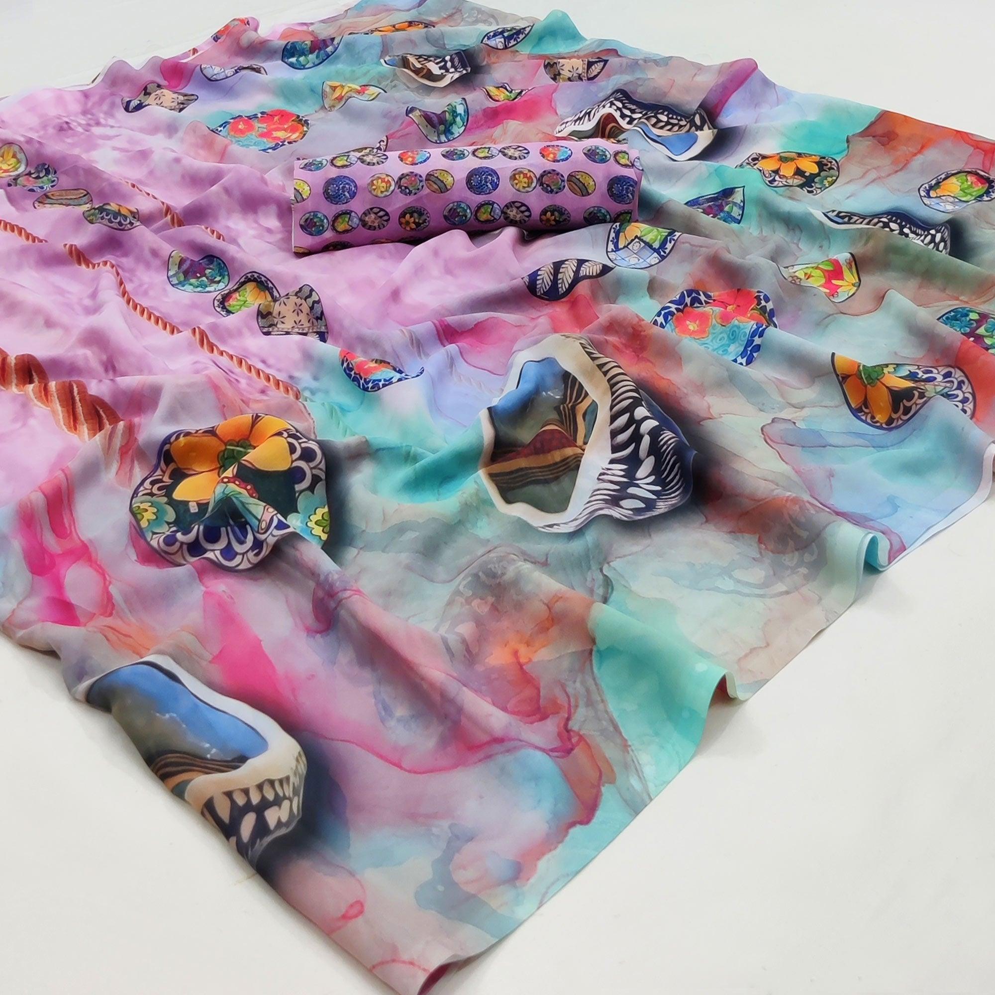 Multicolor Printed Georgette Saree - Peachmode