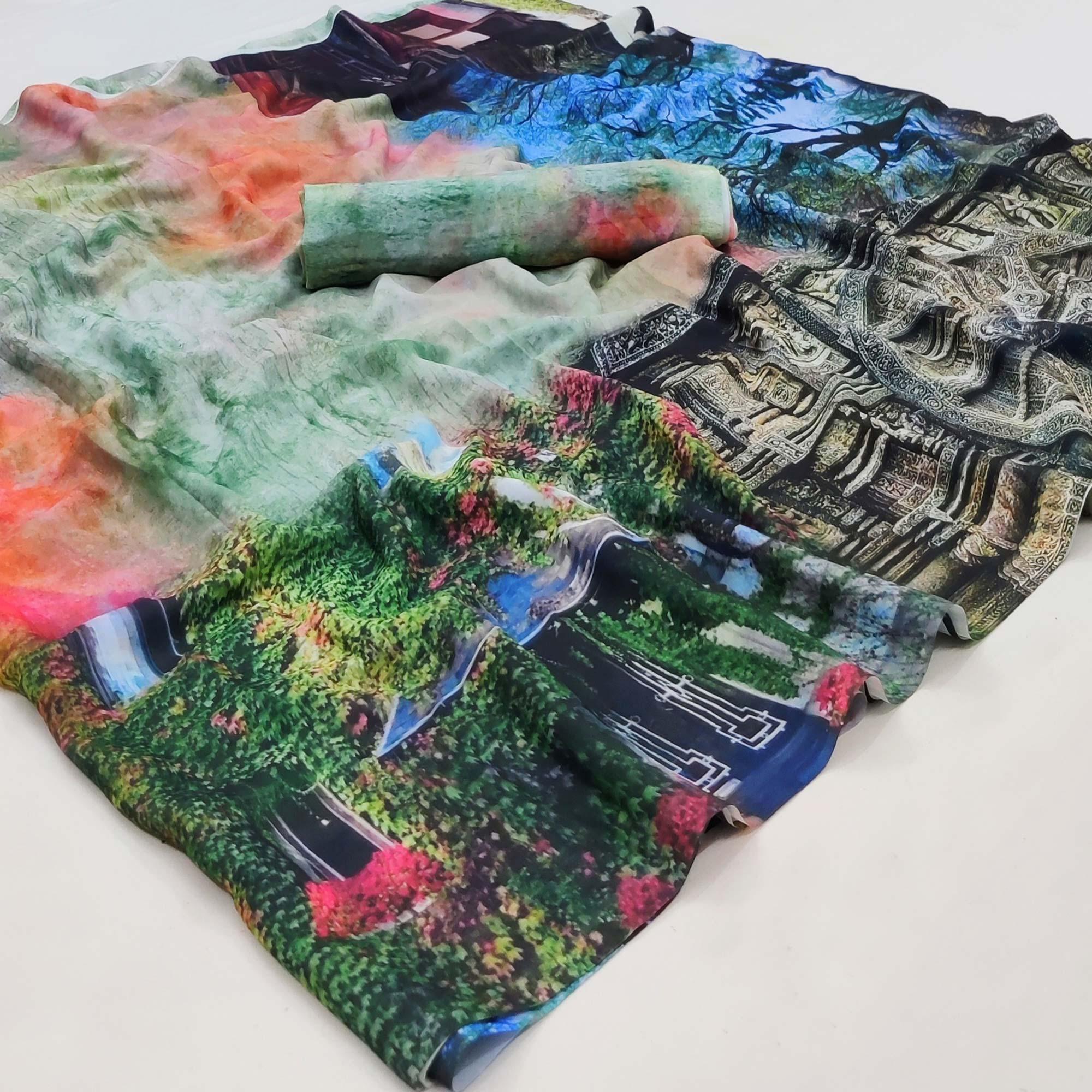 Multicolor Printed Georgette Saree - Peachmode