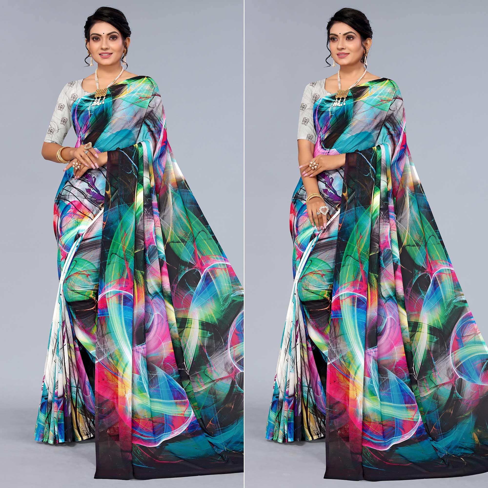 Multicolor Printed Georgette Saree - Peachmode