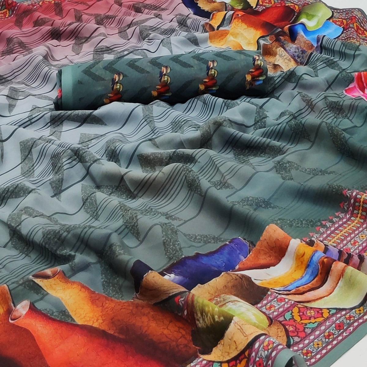 Multicolor Printed Georgette Saree - Peachmode