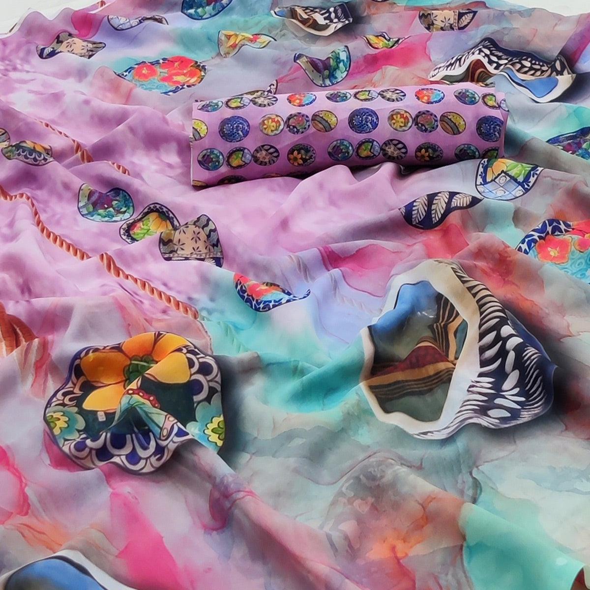 Multicolor Printed Georgette Saree - Peachmode